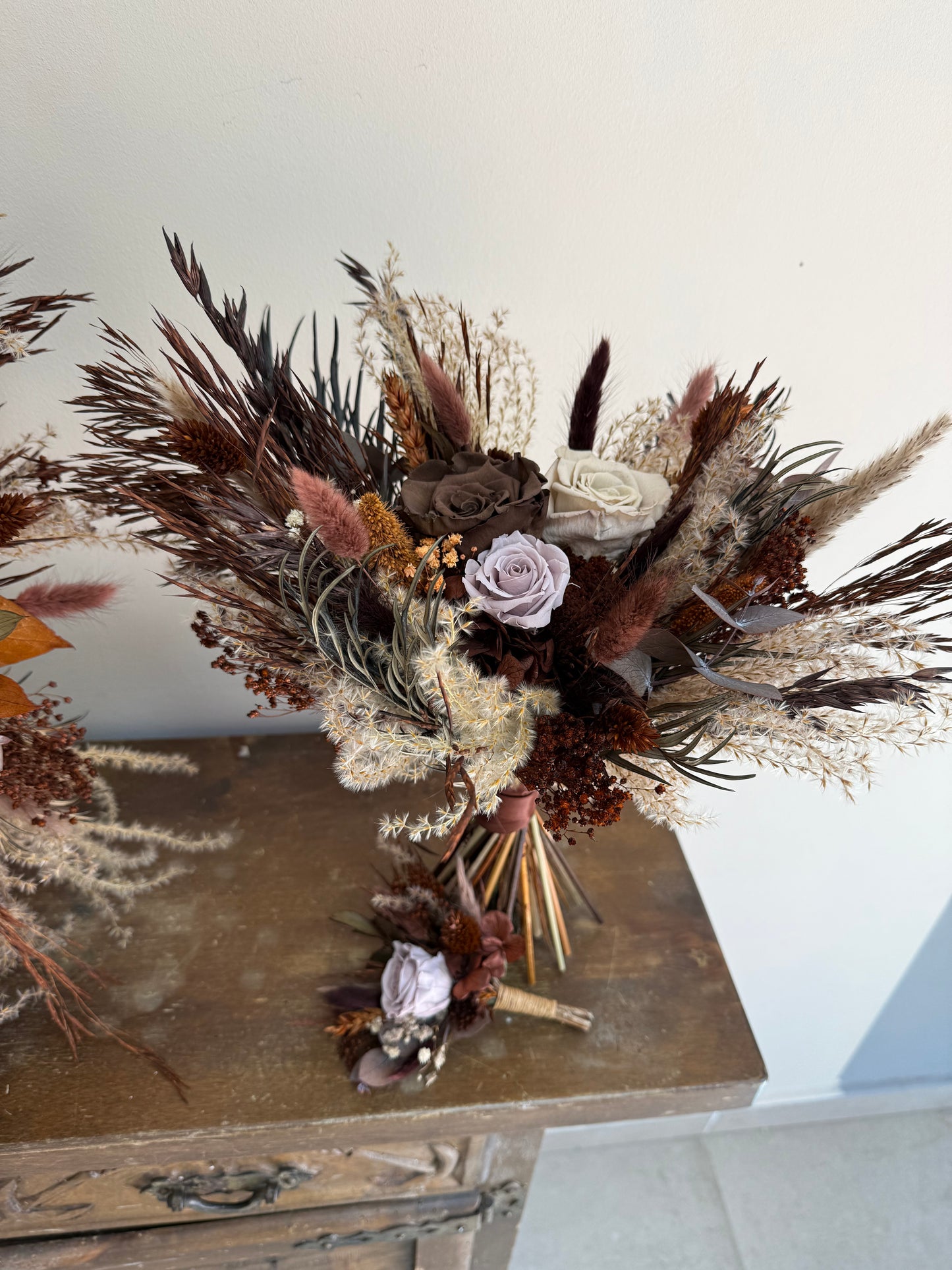 Cascading Chocolate & Maroon Wedding Bouquet β Moody Dried Flower Bridal Bouquet