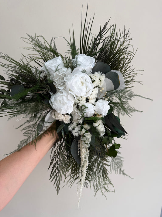 White Peony & Rose Cascading Wedding Bouquet – Elegant Greenery Bridal Bouquet