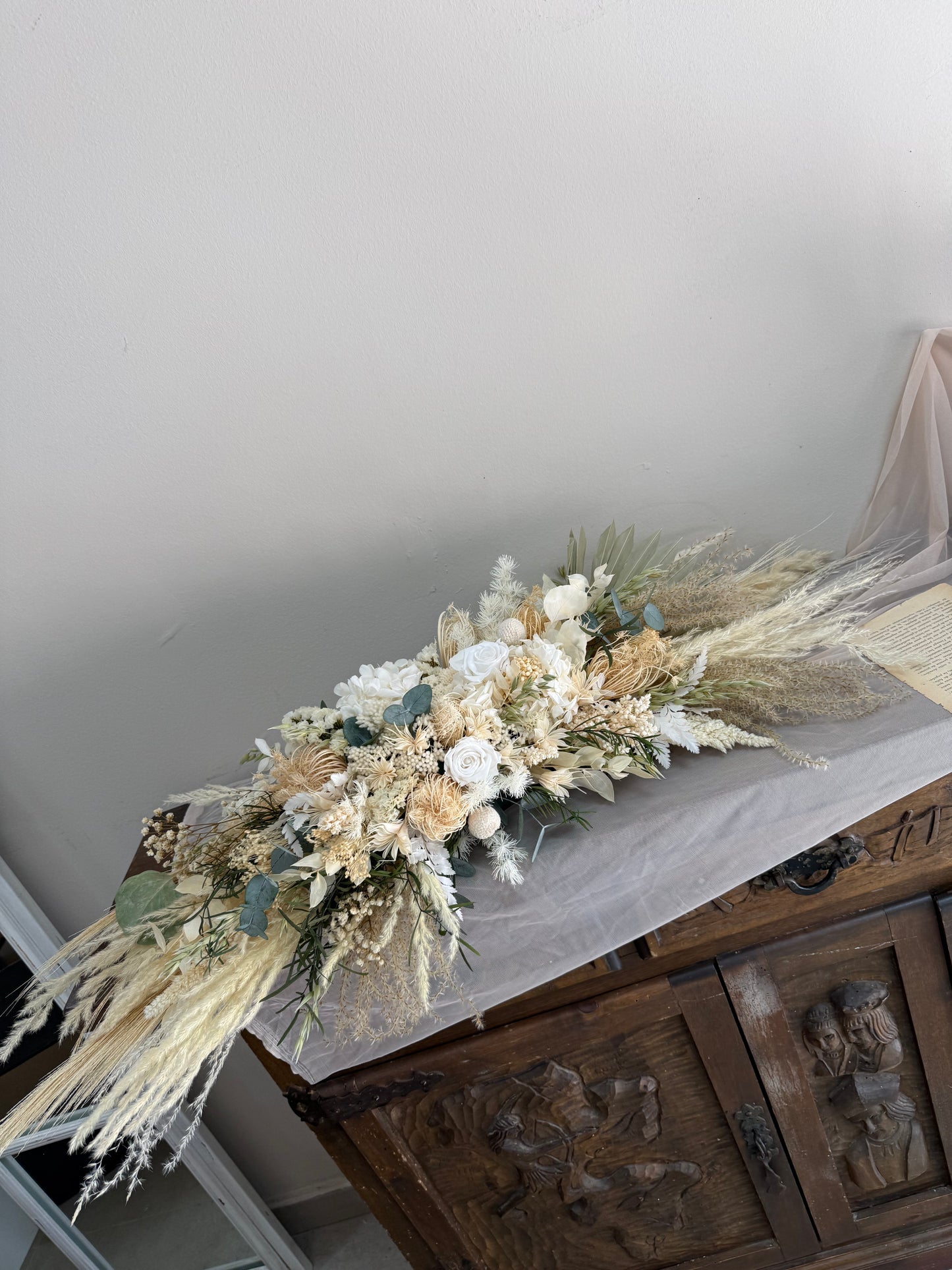 White Peony & Rose Cascading Wedding Bouquet – Elegant Greenery Bridal Bouquet