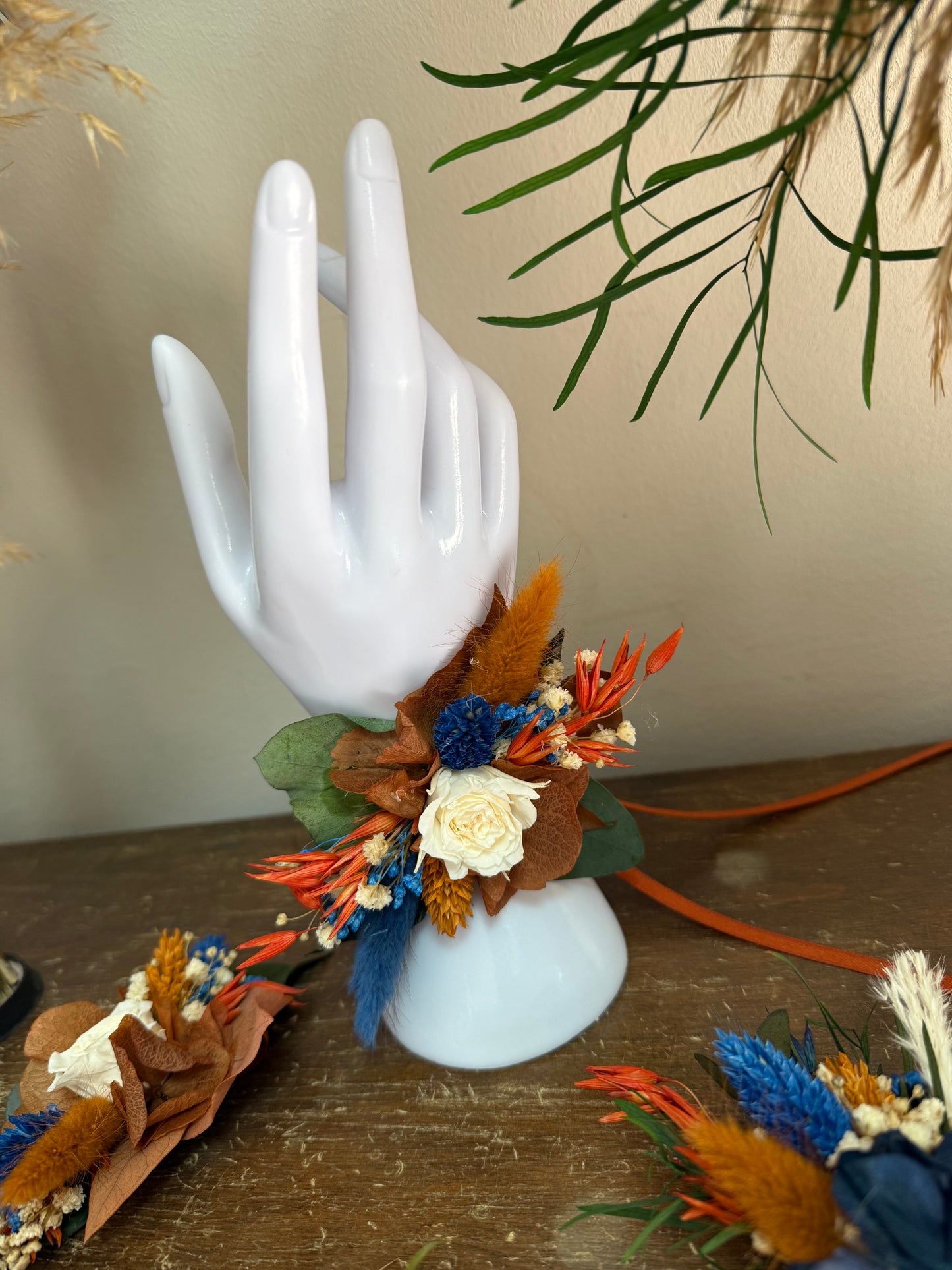 Autumn Cascading Wedding Bouquet β Rust, Orange, Terracotta & Navy Blue Dried Flowers