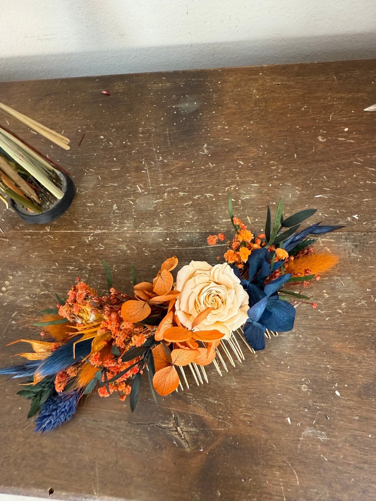 Autumn Cascading Wedding Bouquet β Rust, Orange, Terracotta & Navy Blue Dried Flowers