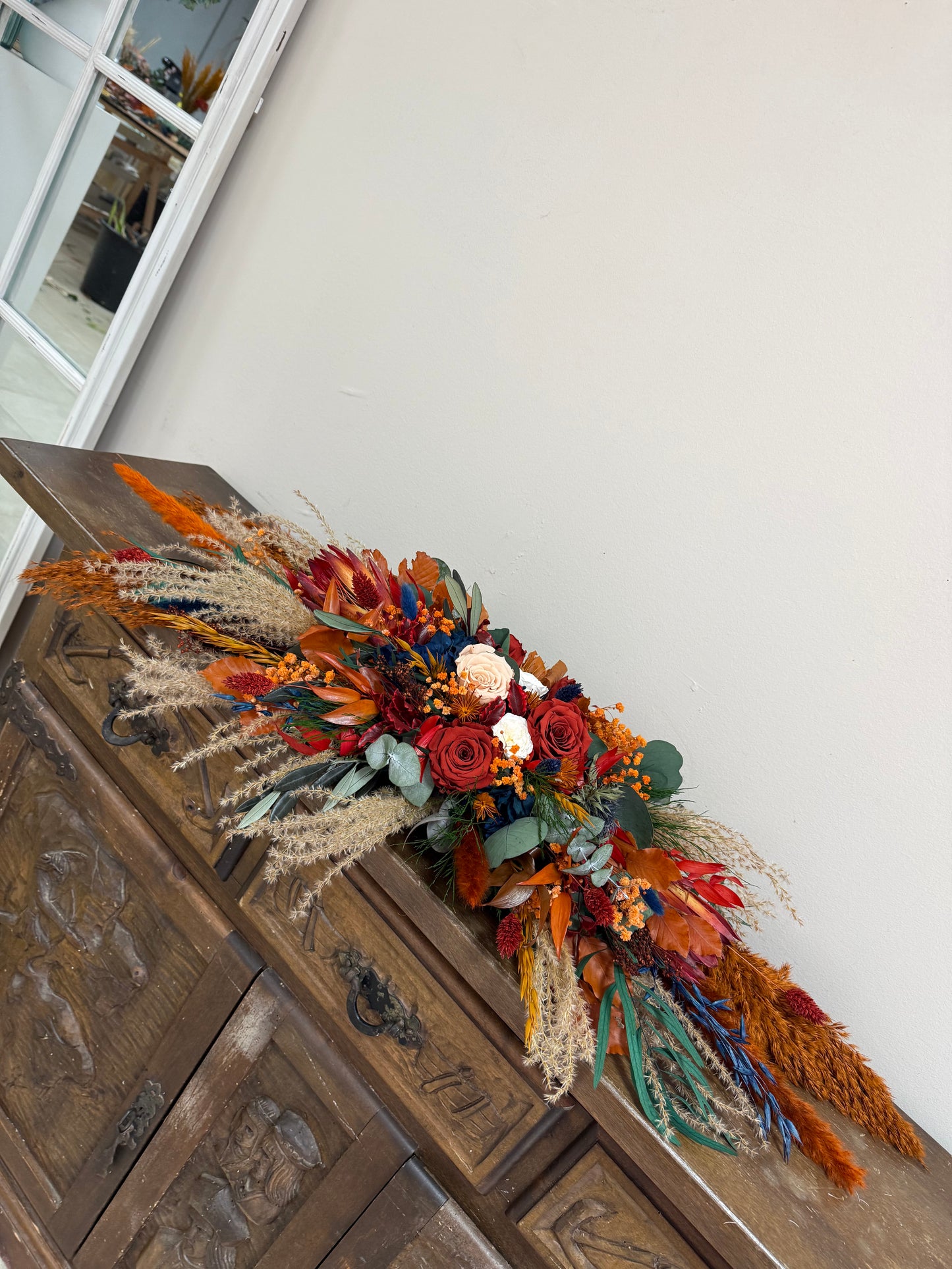 Autumn Cascading Wedding Bouquet β Rust, Orange, Terracotta & Navy Blue Dried Flowers