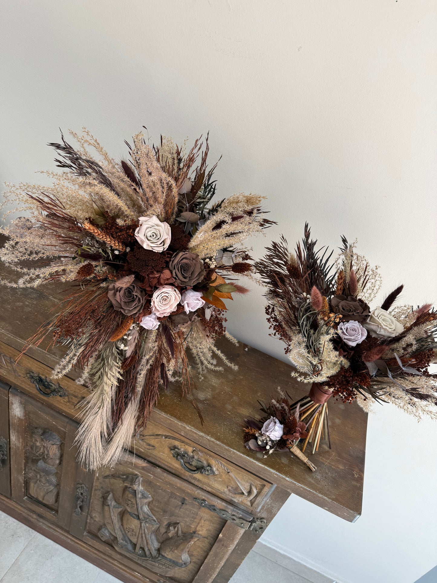 Cascading Chocolate & Maroon Wedding Bouquet β Moody Dried Flower Bridal Bouquet