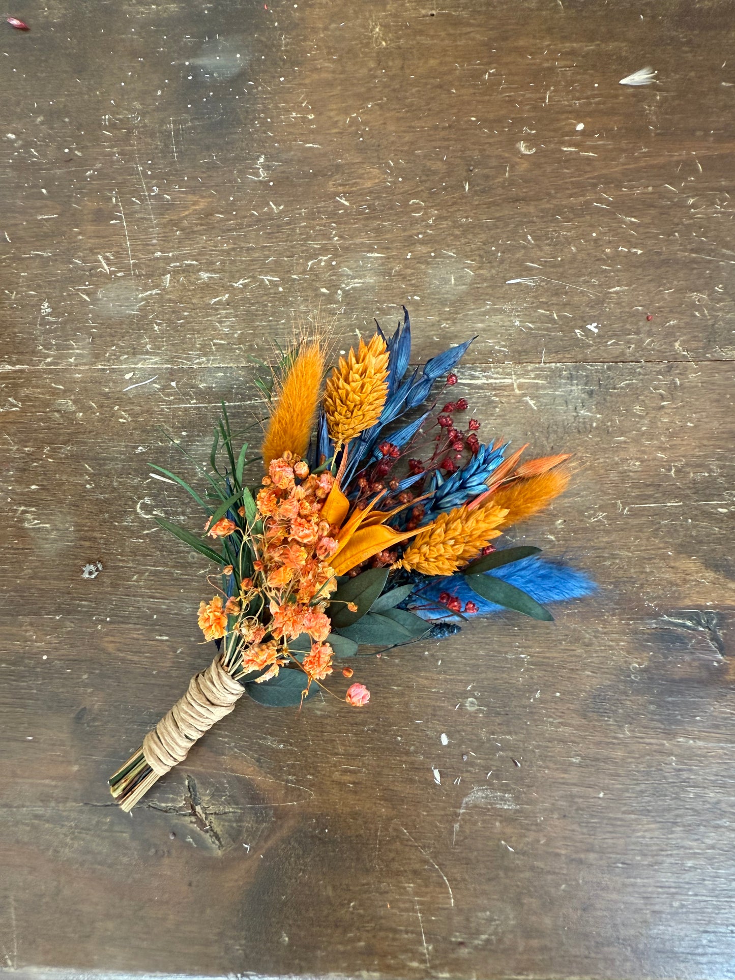 Autumn Cascading Wedding Bouquet β Rust, Orange, Terracotta & Navy Blue Dried Flowers