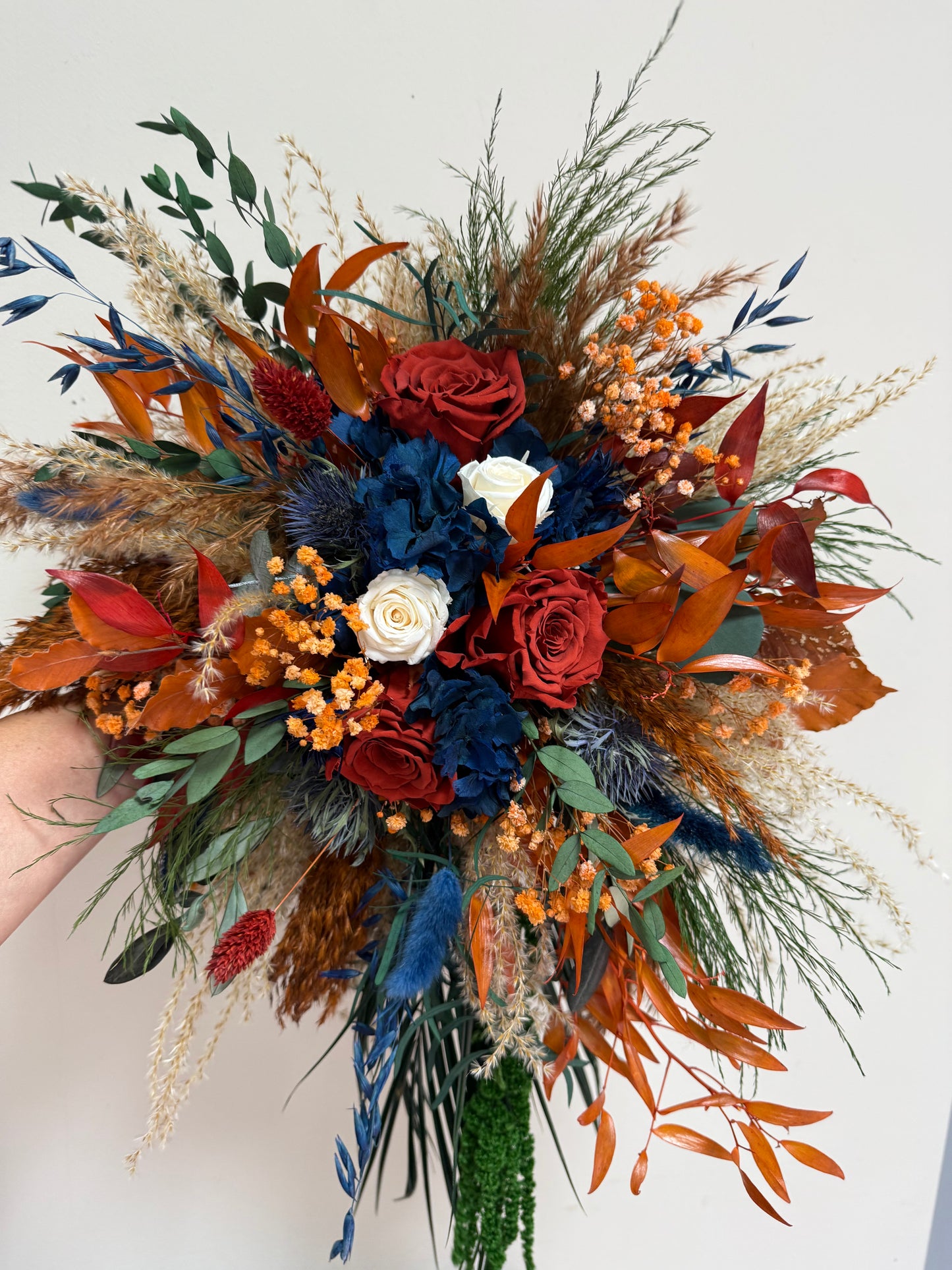 Autumn Cascading Wedding Bouquet β Rust, Orange, Terracotta & Navy Blue Dried Flowers