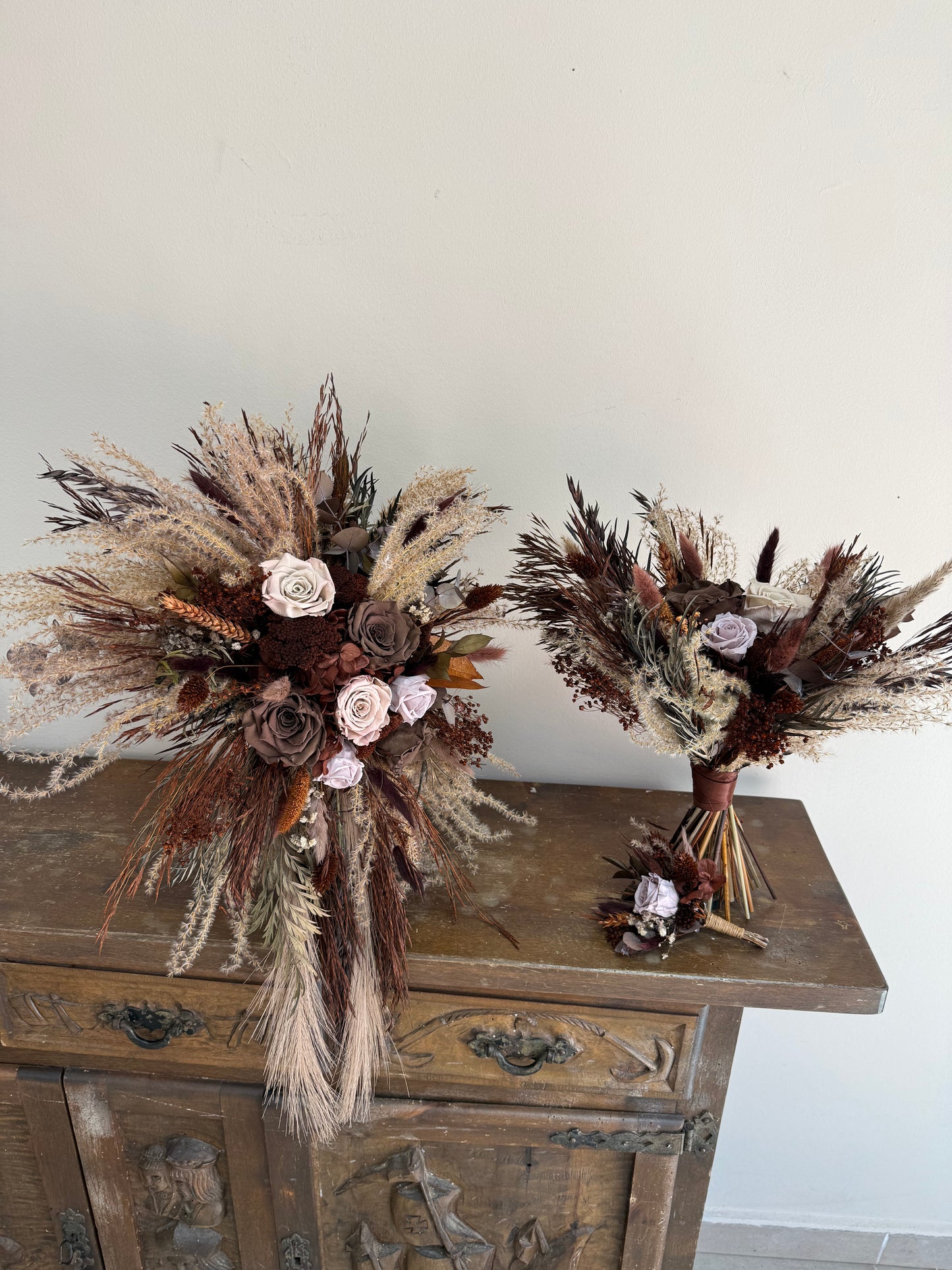 Cascading Chocolate & Maroon Wedding Bouquet β Moody Dried Flower Bridal Bouquet