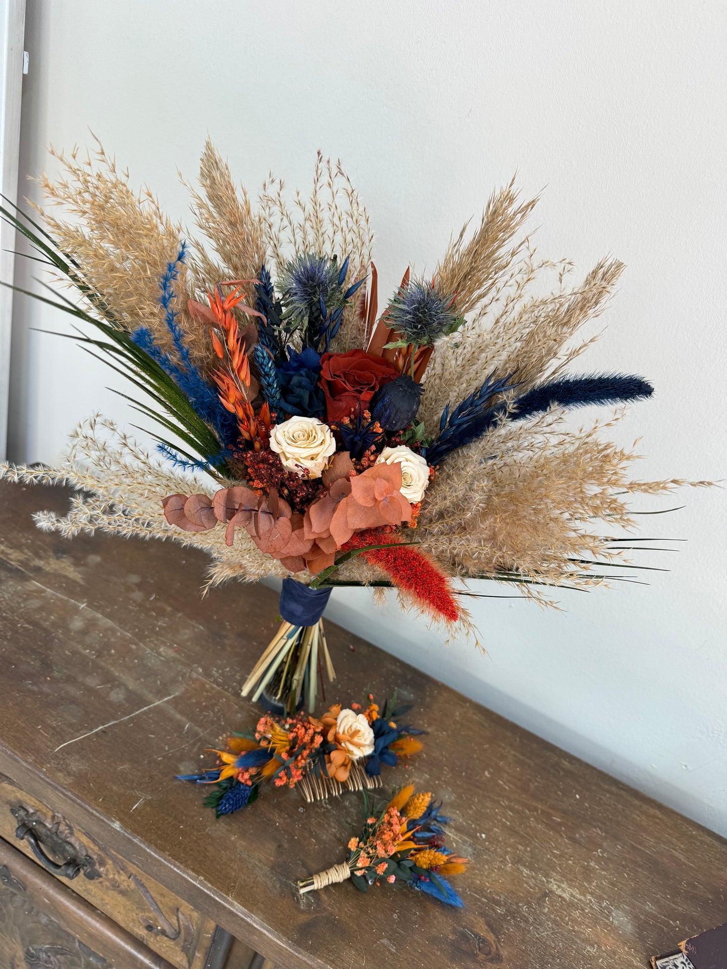 Autumn Cascading Wedding Bouquet β Rust, Orange, Terracotta & Navy Blue Dried Flowers