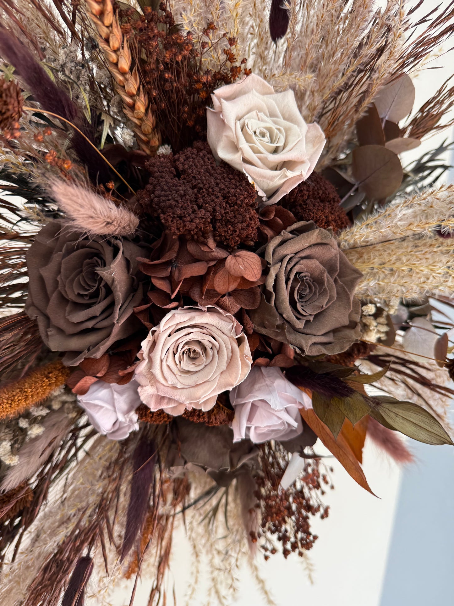 Cascading Chocolate & Maroon Wedding Bouquet β Moody Dried Flower Bridal Bouquet