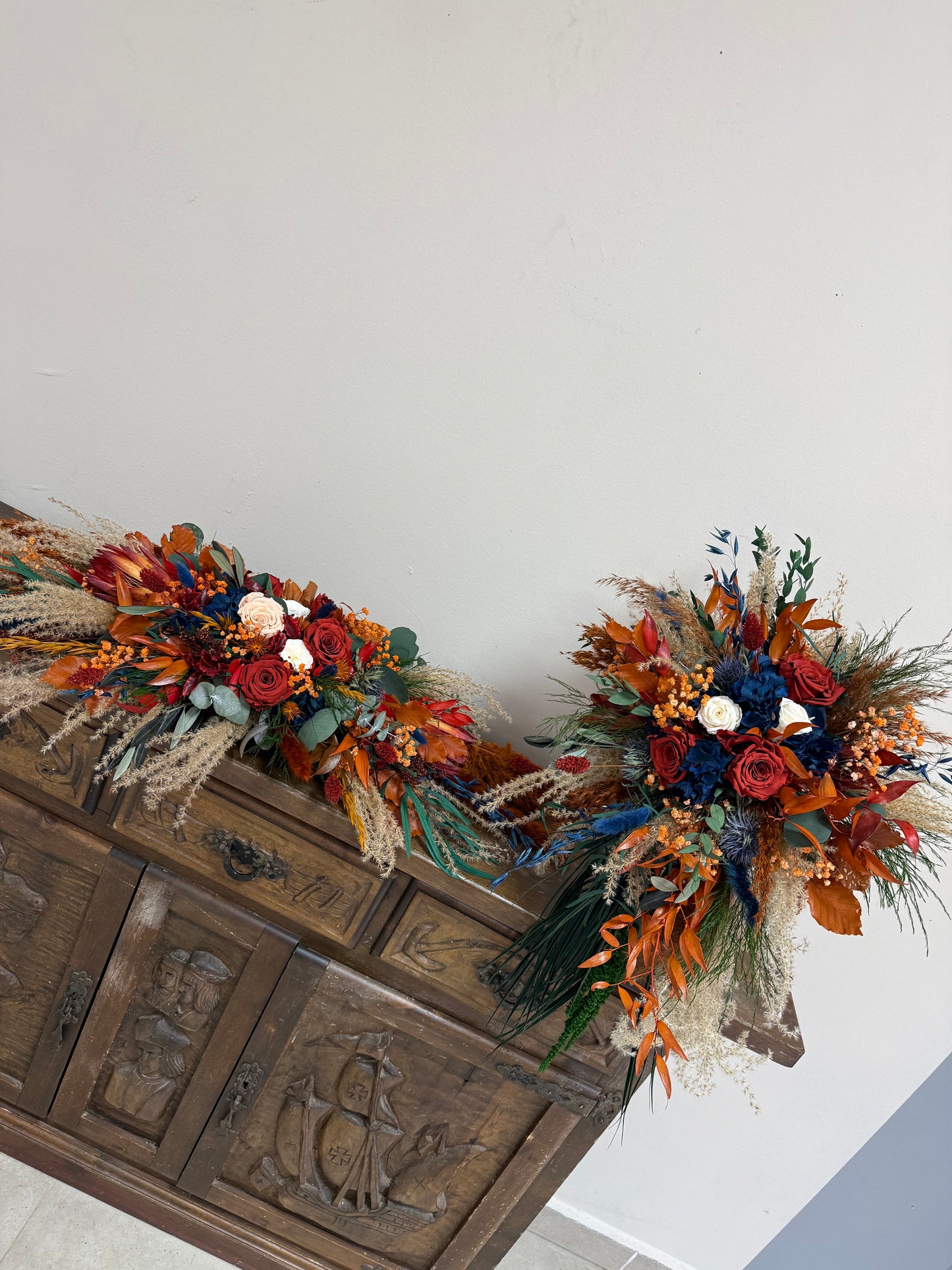 Autumn Cascading Wedding Bouquet β Rust, Orange, Terracotta & Navy Blue Dried Flowers