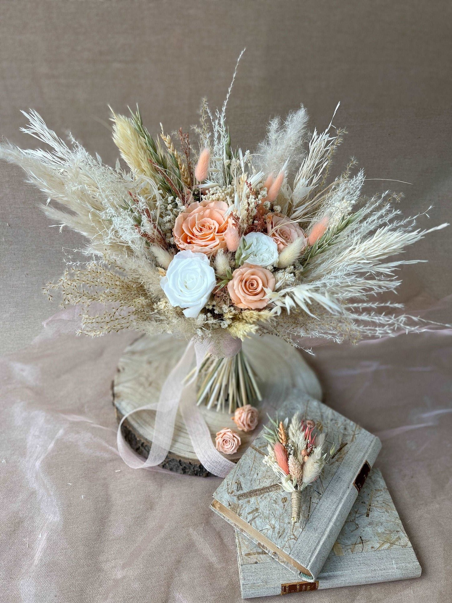 Peach Wedding Bouquet, Pastel Bouquet, Blush and Peach Wedding, Salmon Bouquet, Boho Bridal Bouquet, Peach&Sage Green Bouquet, Rustic Bridal