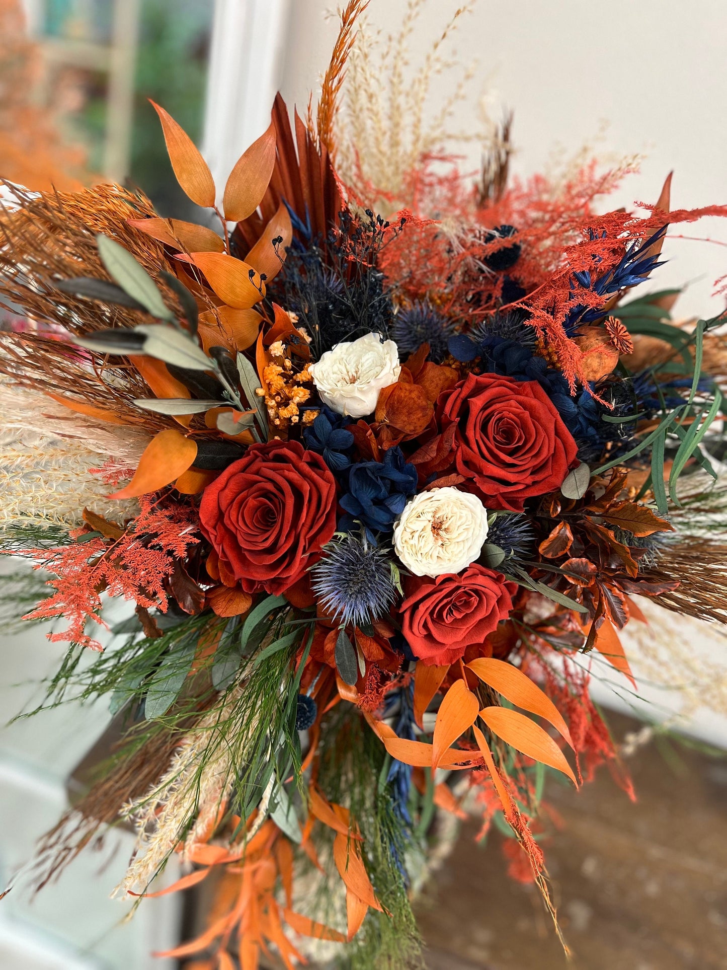 Cascade Wedding Bouquet Boho Terracotta Bridal Bouquet Navy Blue Cascading Bouquet for Bride Boho Bouquet Fall Colored Boho Wedding Cascade
