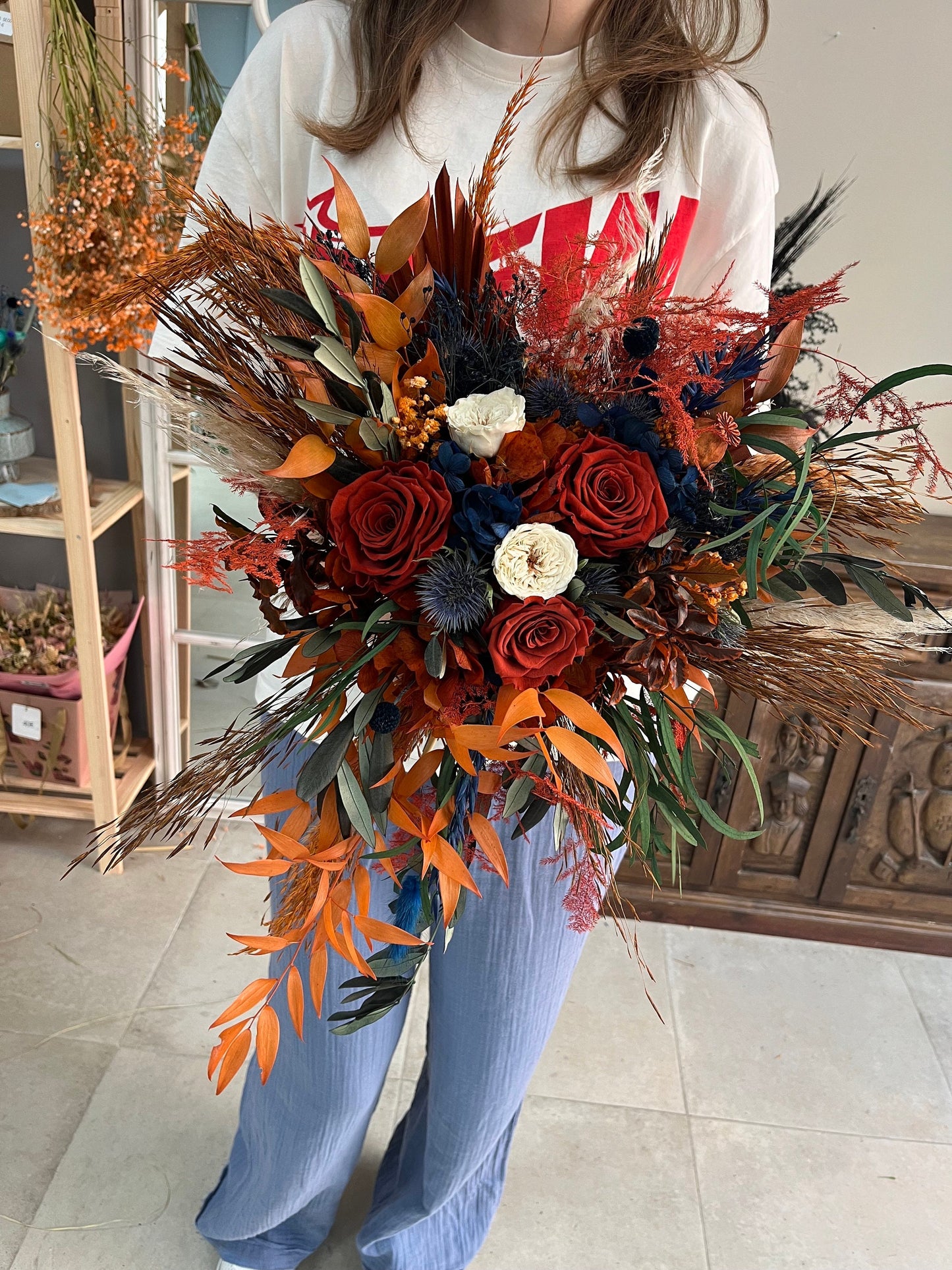 Cascade Wedding Bouquet Boho Terracotta Bridal Bouquet Navy Blue Cascading Bouquet for Bride Boho Bouquet Fall Colored Boho Wedding Cascade