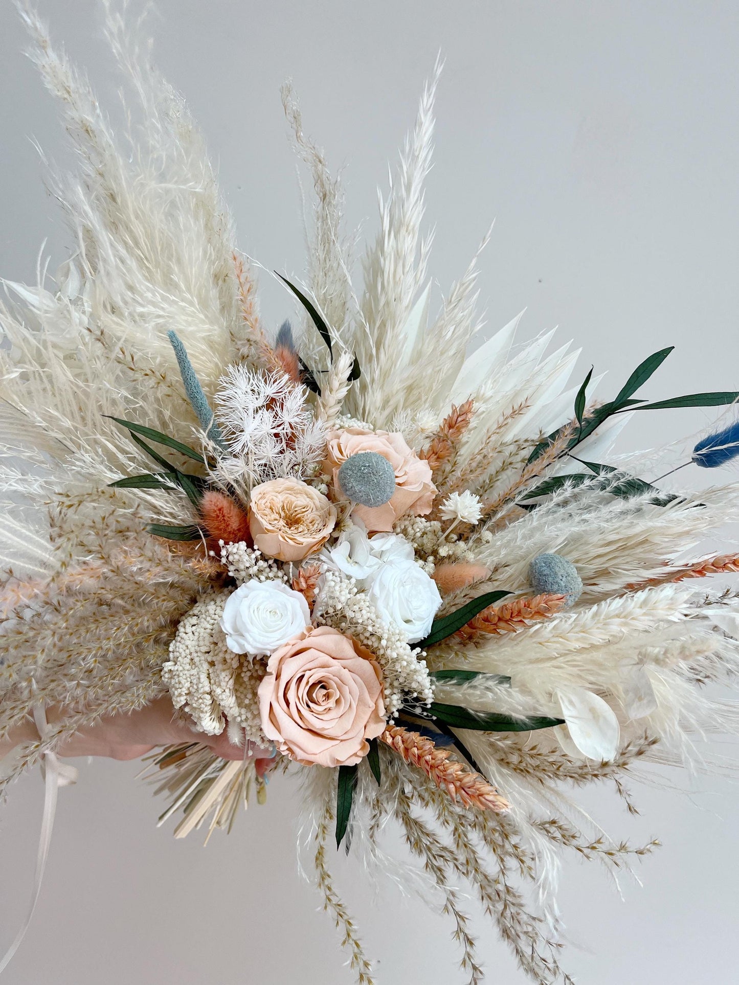 Peach Blue Wedding Bouquet for Bride Blush Bouquet Dusty Blue Wedding Flowers for Wedding Dried Flowers Bouquet Bohemian Wedding Flowers