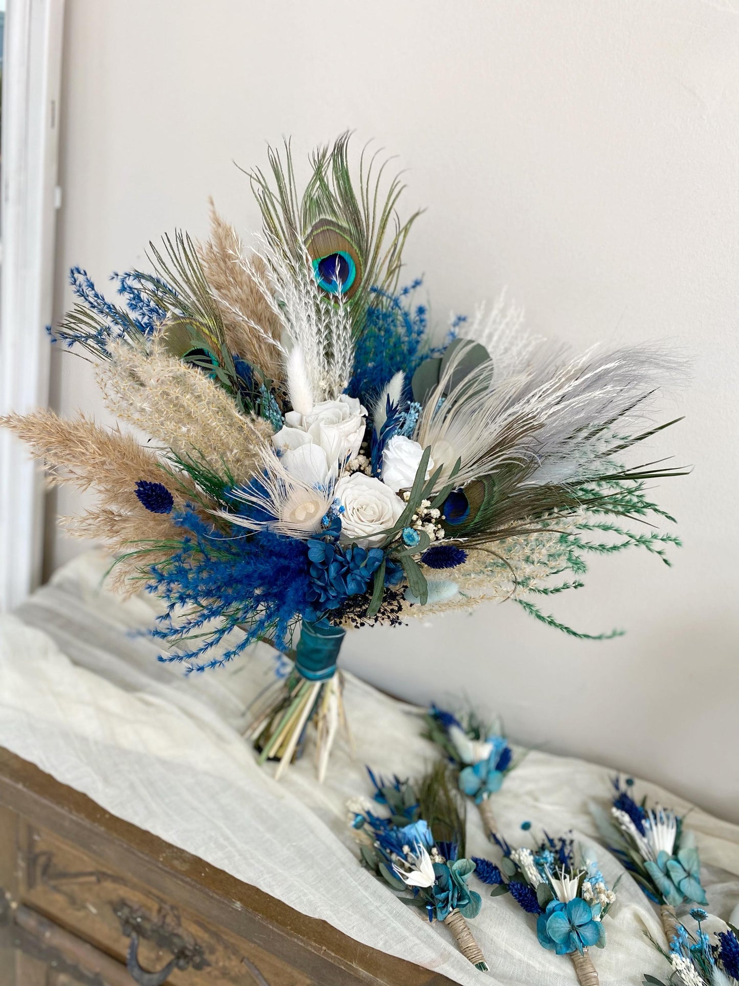 Navy Blue Boho Wedding Bouquet Peacock Bridal Bouquet Peacock Wedding Gatsby Wedding Peacock Feather Bouquet Navy Blue Bridesmaid Bouquet