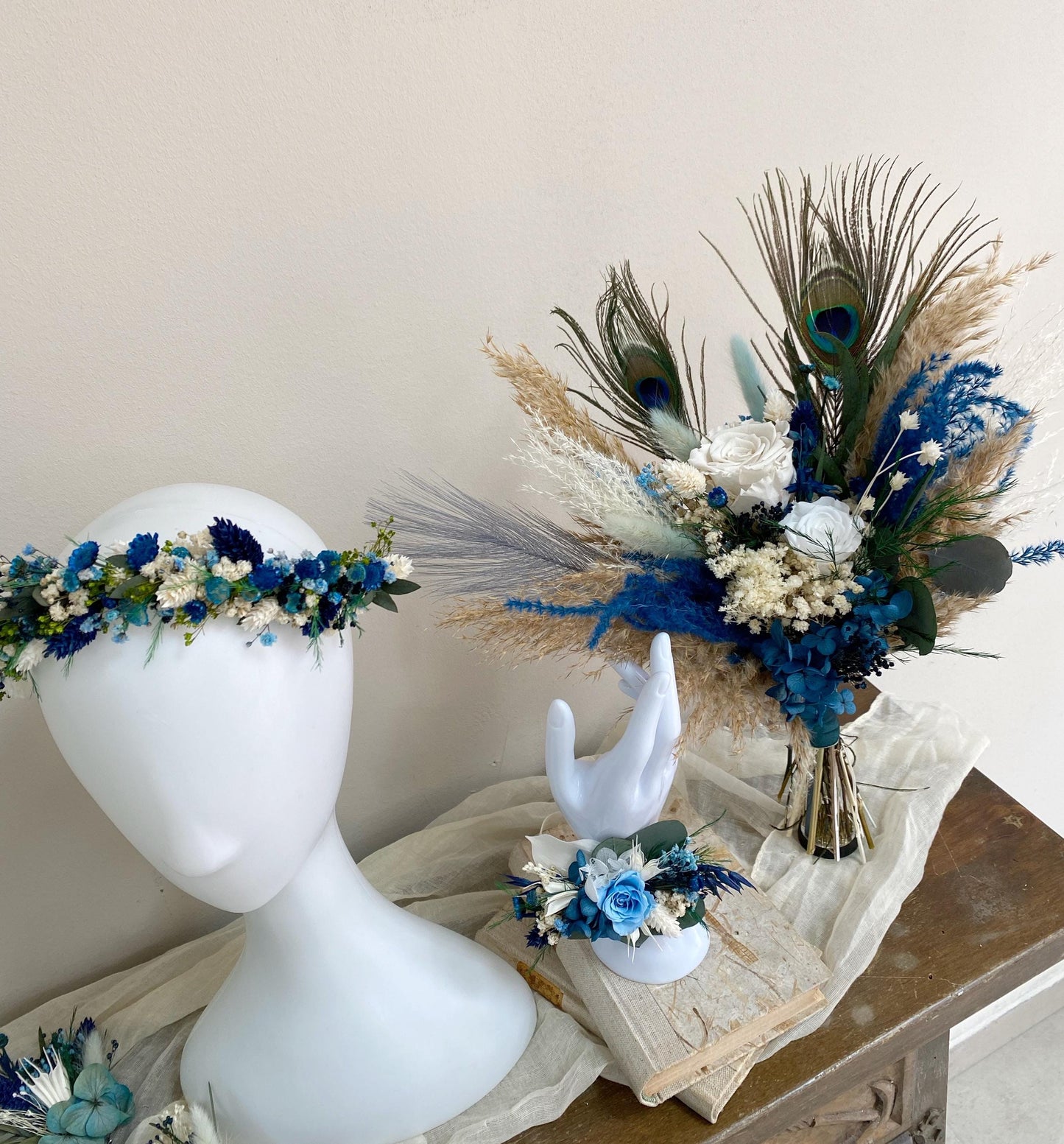 Navy Blue Boho Wedding Bouquet Peacock Bridal Bouquet Peacock Wedding Gatsby Wedding Peacock Feather Bouquet Navy Blue Bridesmaid Bouquet