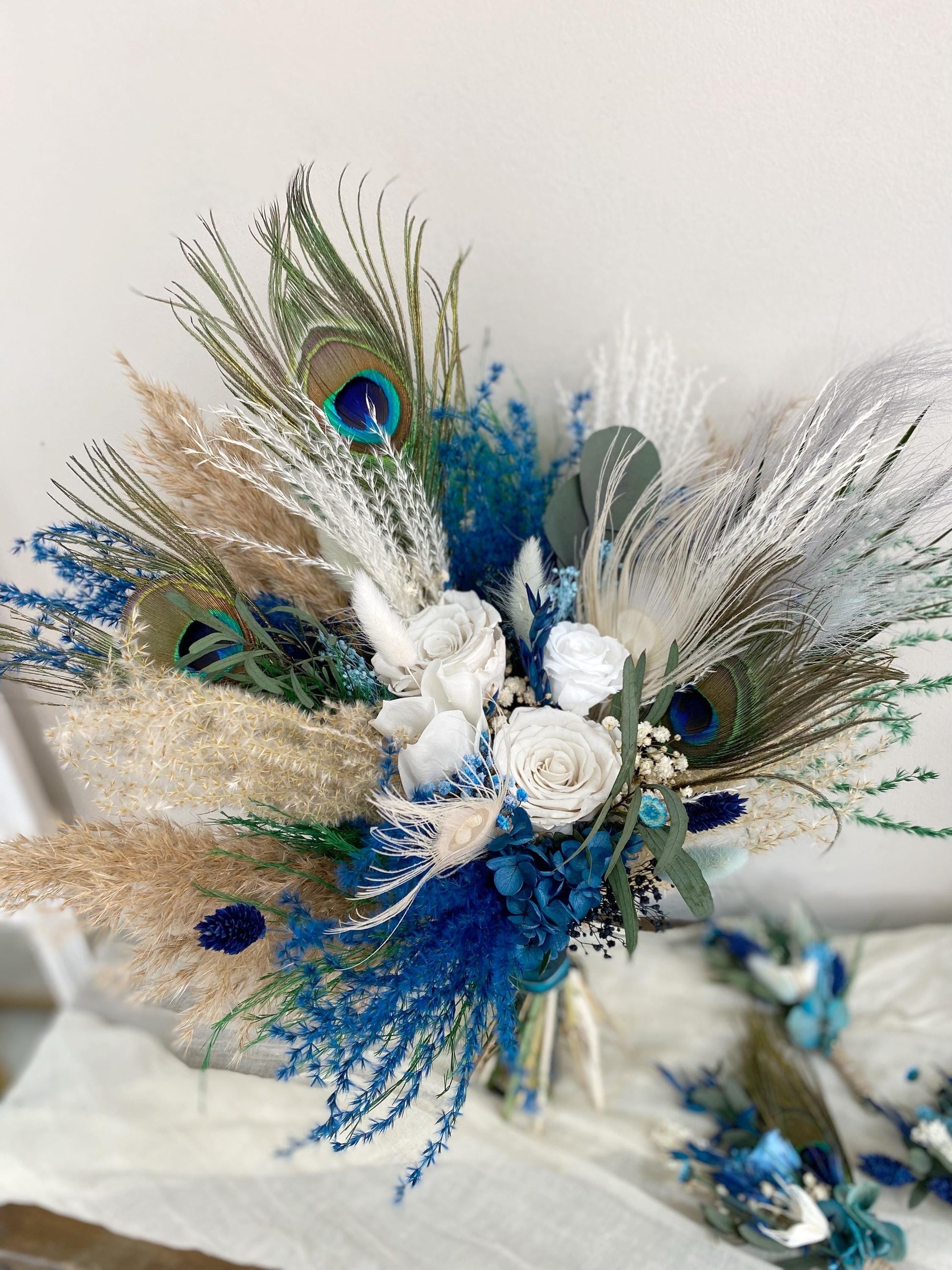 Navy Blue Boho Wedding Bouquet Peacock Bridal Bouquet Peacock Wedding Gatsby Wedding Peacock Feather Bouquet Navy Blue Bridesmaid Bouquet