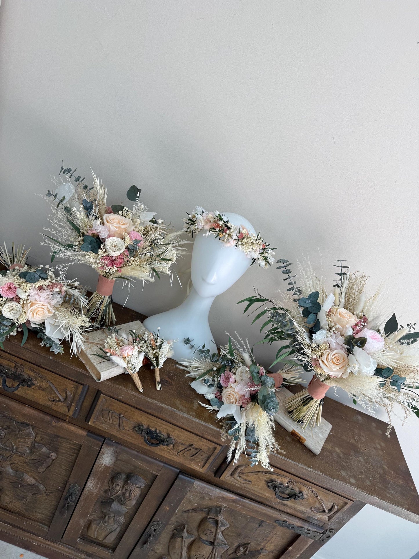 Blush & Dusty Pink Wedding Bouquet with Eucalyptus – Romantic Dried Flower Bridal Bouquet