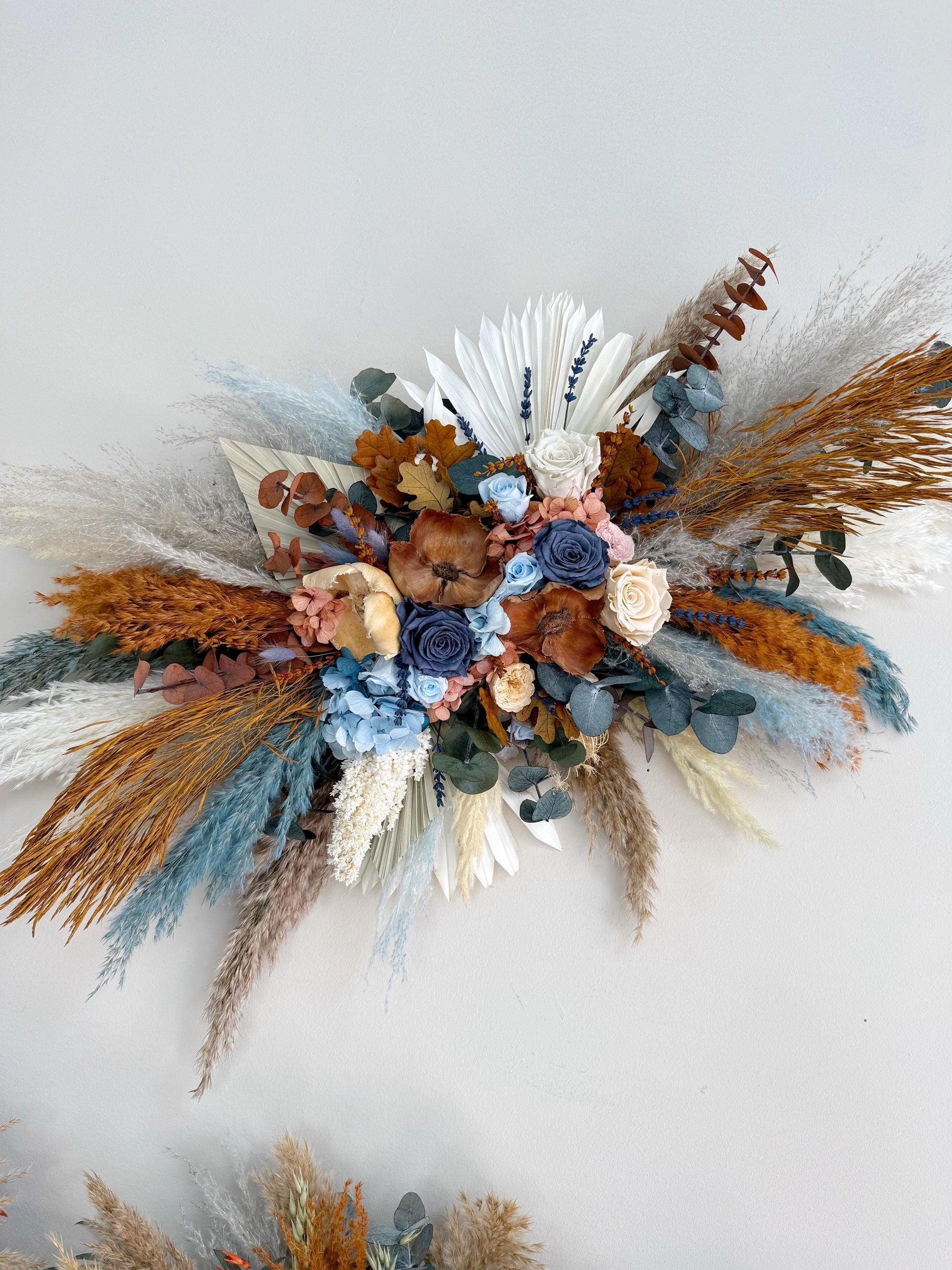 Boho Dried Wedding Bouquet Terracotta and Dusty Blue | Fall Bridal Flowers with Pampas, Eucalyptus, Thistle | Rustic Keepsake Bouquet