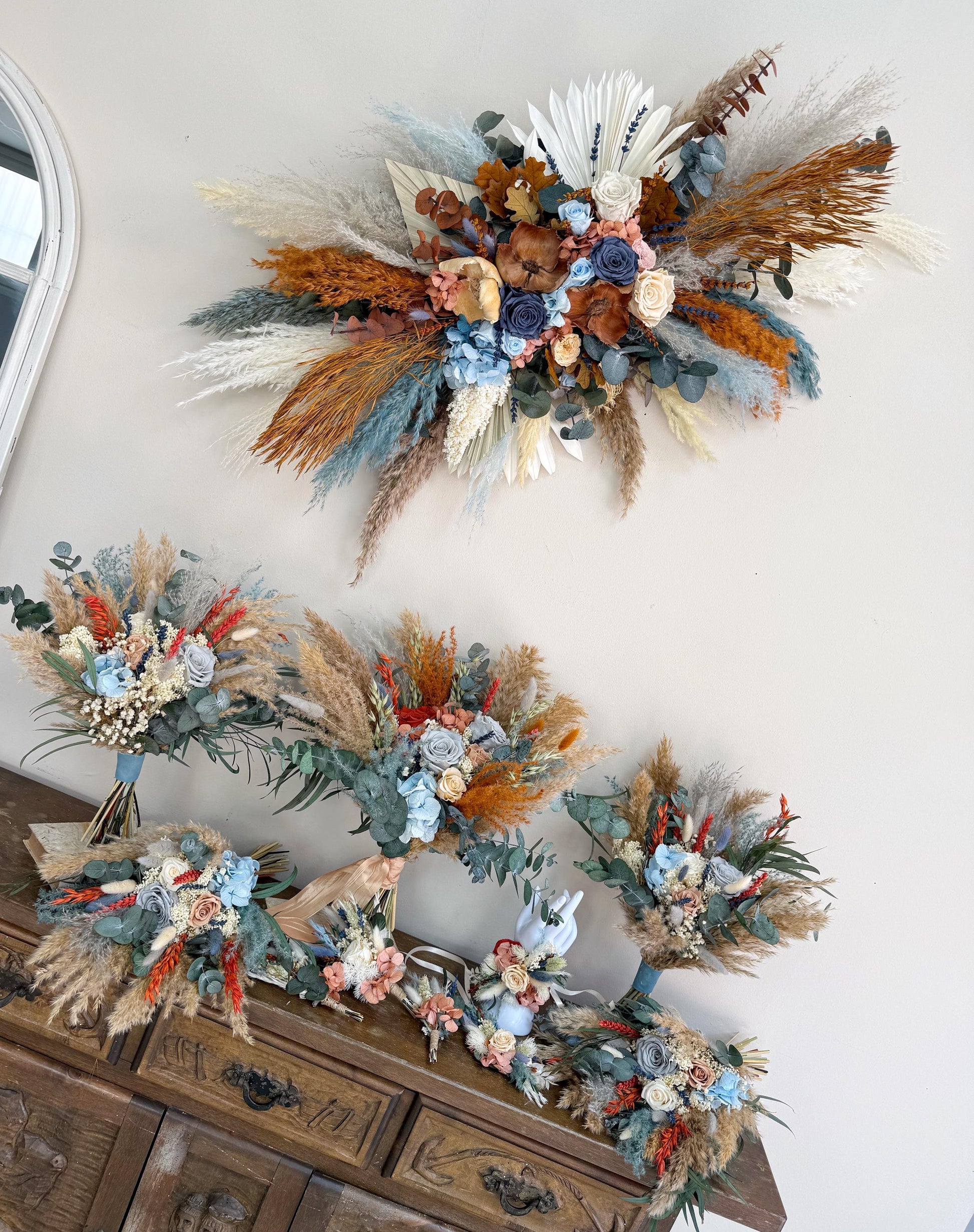 Boho Dried Wedding Bouquet Terracotta and Dusty Blue | Fall Bridal Flowers with Pampas, Eucalyptus, Thistle | Rustic Keepsake Bouquet