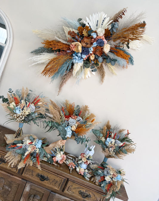 Boho Dried Wedding Bouquet Terracotta and Dusty Blue | Fall Bridal Flowers with Pampas, Eucalyptus, Thistle | Rustic Keepsake Bouquet