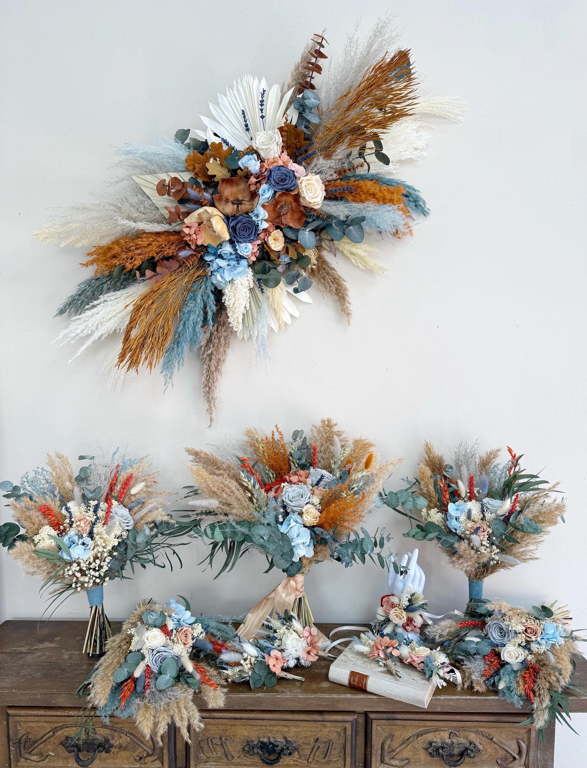 Boho Dried Wedding Bouquet Terracotta and Dusty Blue | Fall Bridal Flowers with Pampas, Eucalyptus, Thistle | Rustic Keepsake Bouquet