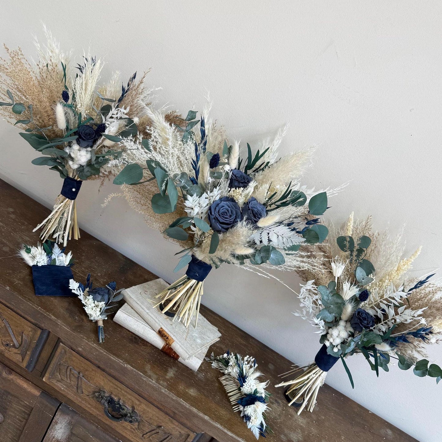 Navy Blue Bridal Bouquet, Dusty Blue Dried Flower Wedding Bouquet, Rustic Boho Bouquet, Blue Bridesmaid Bouquet, Dark Blue Wedding Flowers