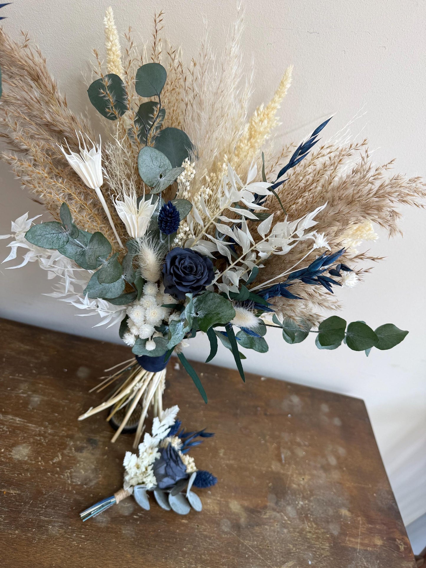 Navy Blue Bridal Bouquet, Dusty Blue Dried Flower Wedding Bouquet, Rustic Boho Bouquet, Blue Bridesmaid Bouquet, Dark Blue Wedding Flowers