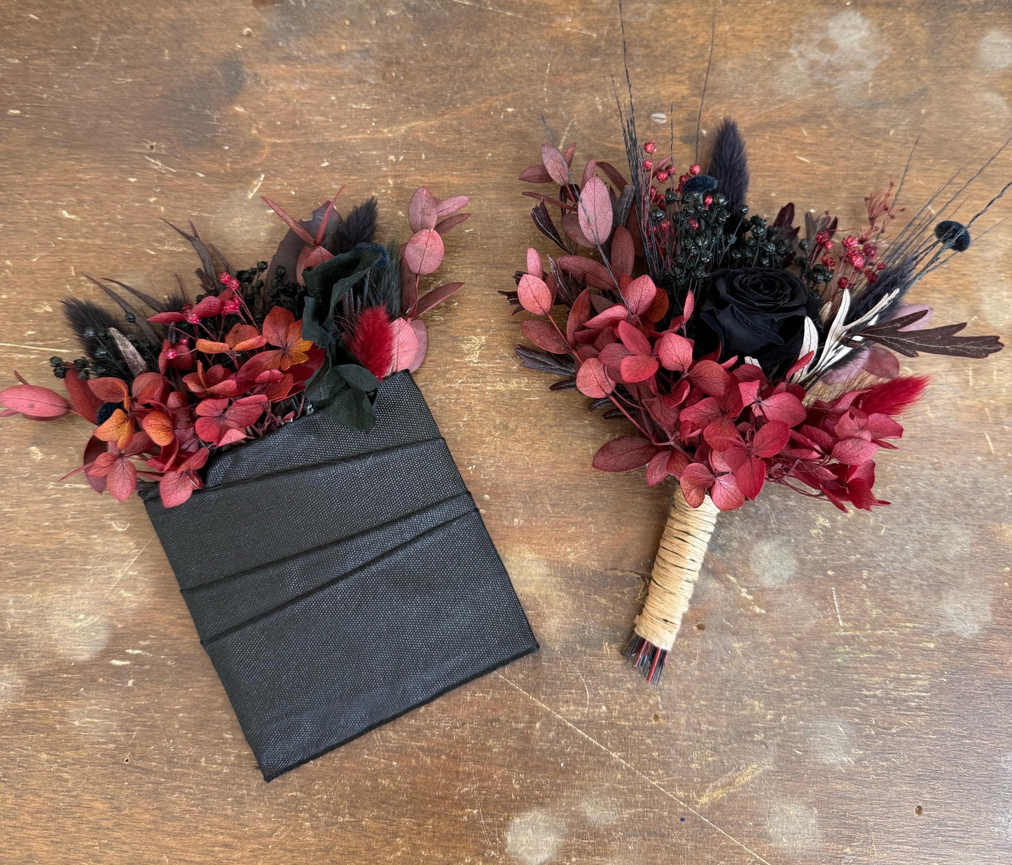 Black & Burgundy Dried Flower Cascade Bridal Bouquet - Boho Gothic Wedding