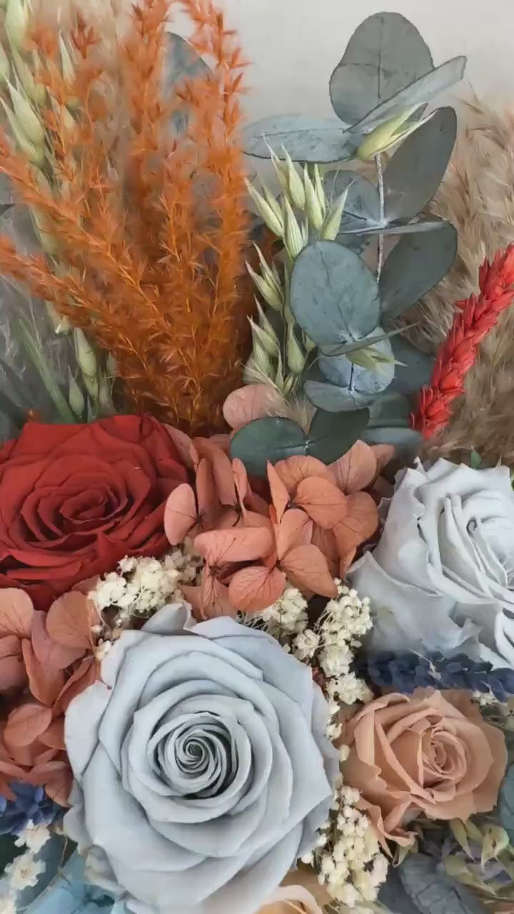 Boho Dried Wedding Bouquet Terracotta and Dusty Blue | Fall Bridal Flowers with Pampas, Eucalyptus, Thistle | Rustic Keepsake Bouquet