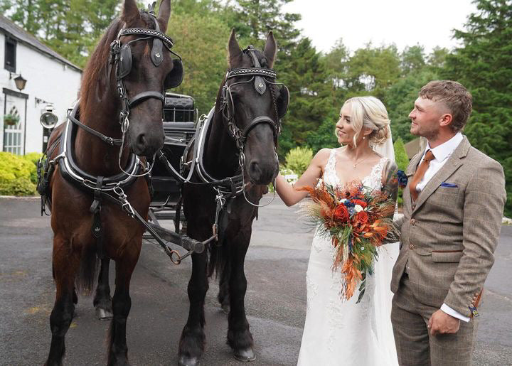 Autumn Cascading Wedding Bouquet – Rust, Orange, Terracotta & Navy Blue Dried Flowers