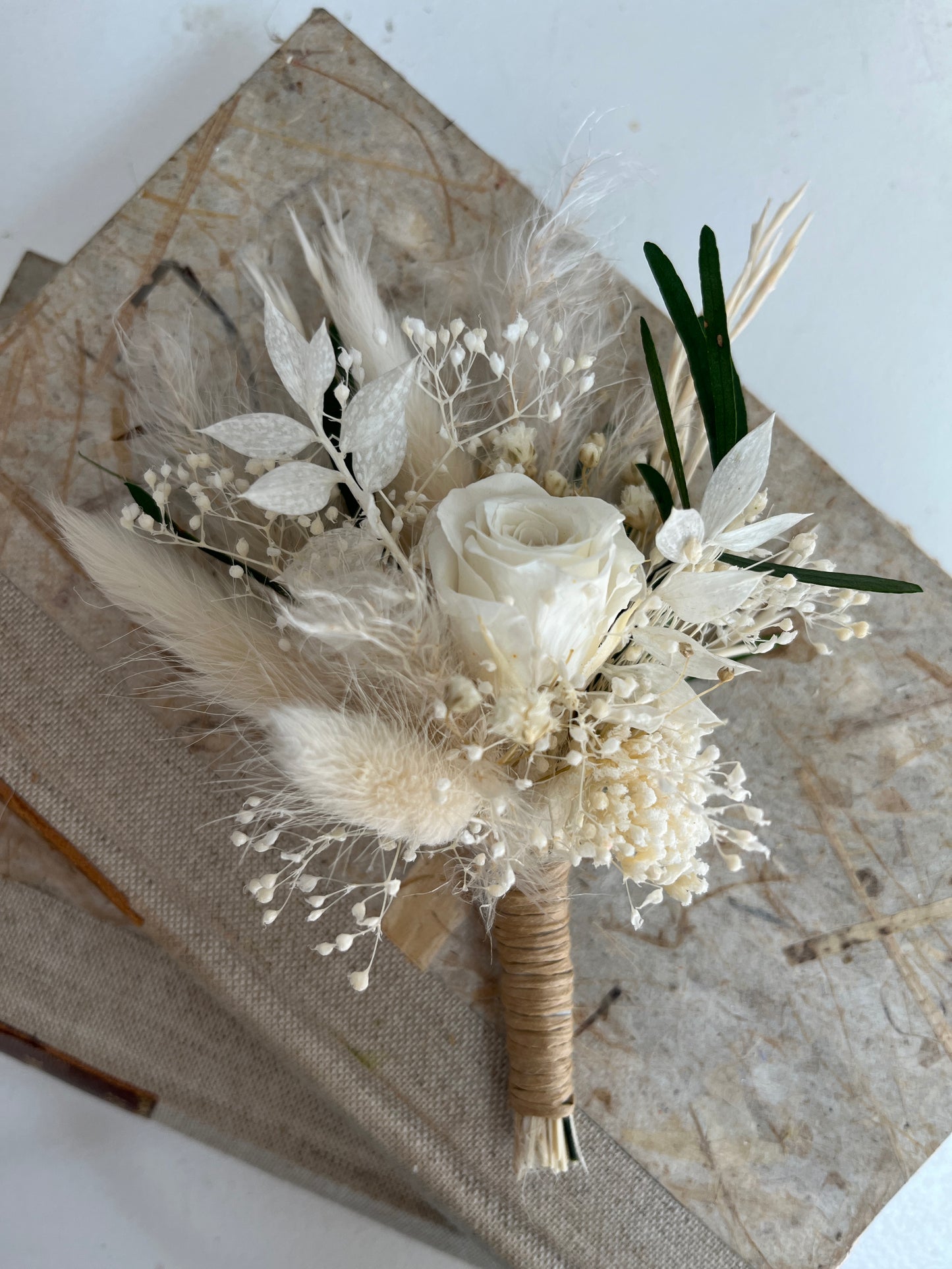 Bouquet de mariage blanc et verdure, bouquet de mariée Boho, bouquet de mariage blanc, bouquet de fleurs séchées, fleurs de mariage, bouquet Boho