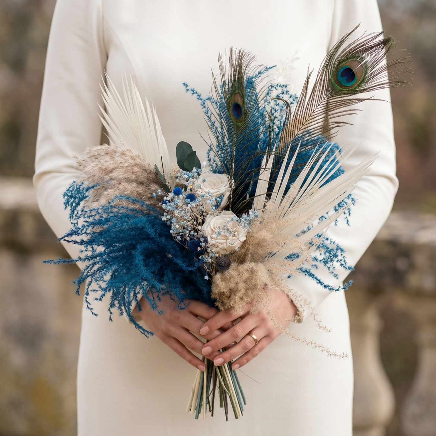 Navy Blue Bouquet with Peacock feathers