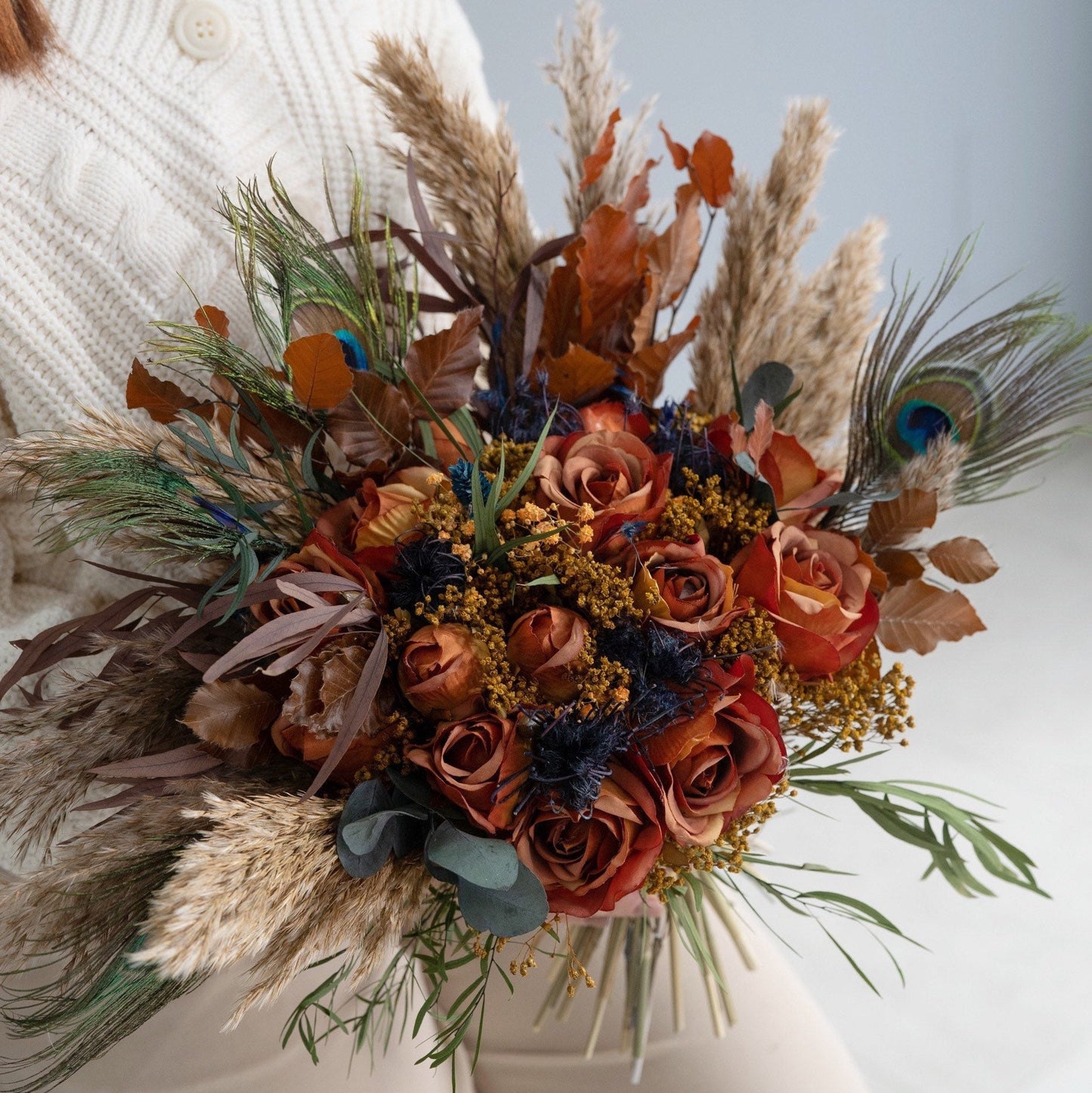 Fall Bouquet with Peacock Feathers
