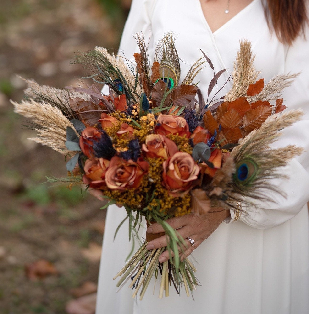 Fall Bouquet with Peacock Feathers