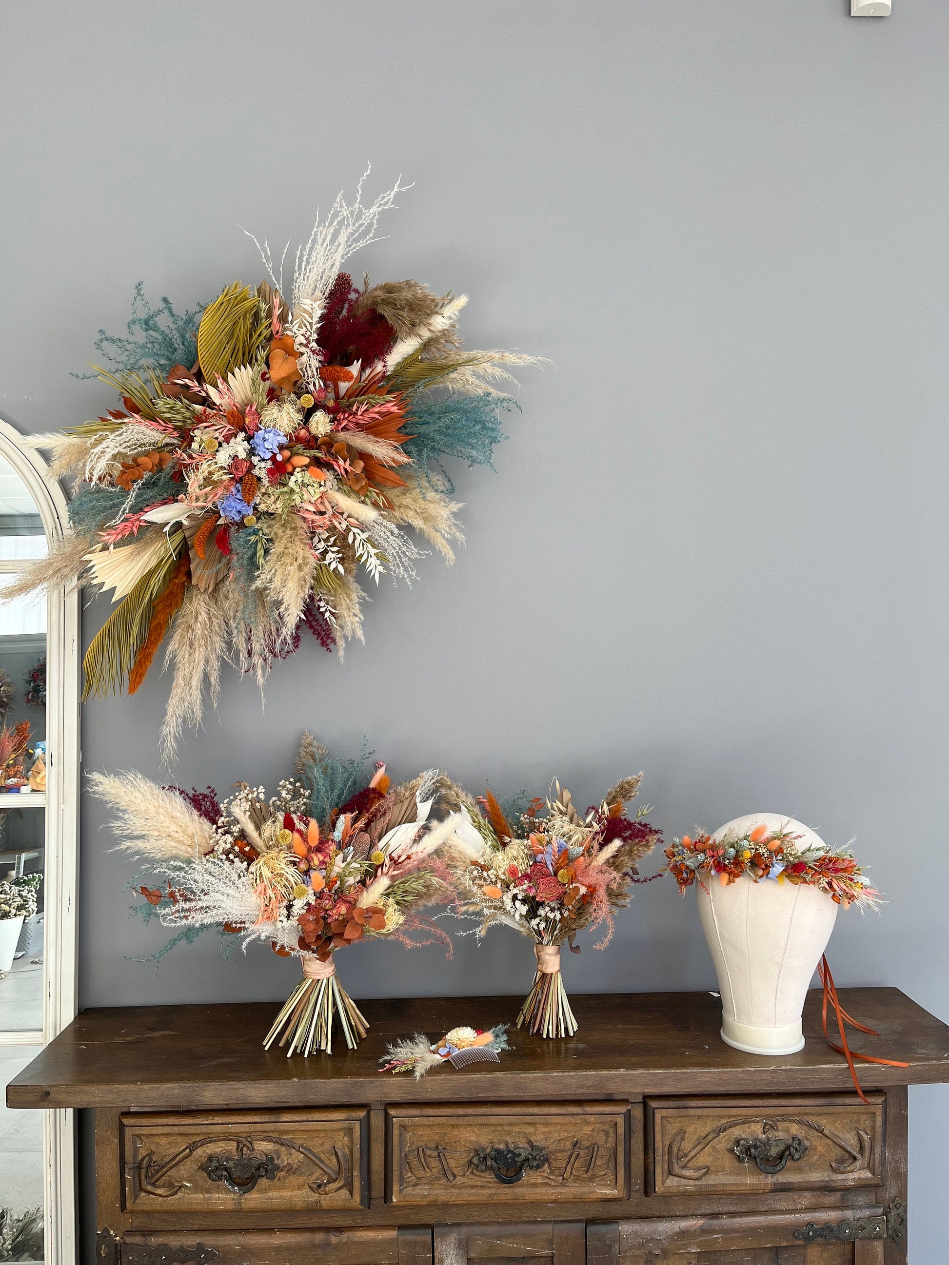 Boho Rustic Rainbow Bouquet, Colorful Bridal Bouquet, Summer Wedding Bouquet, Rust Blue Bouquet, Dried Bridal Bouquet,Spring Wedding Bouquet