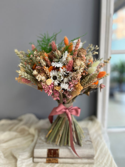 Rustic Summer Wedding Bouquet – Pink & Orange Dried Flower Bridal Bouquet