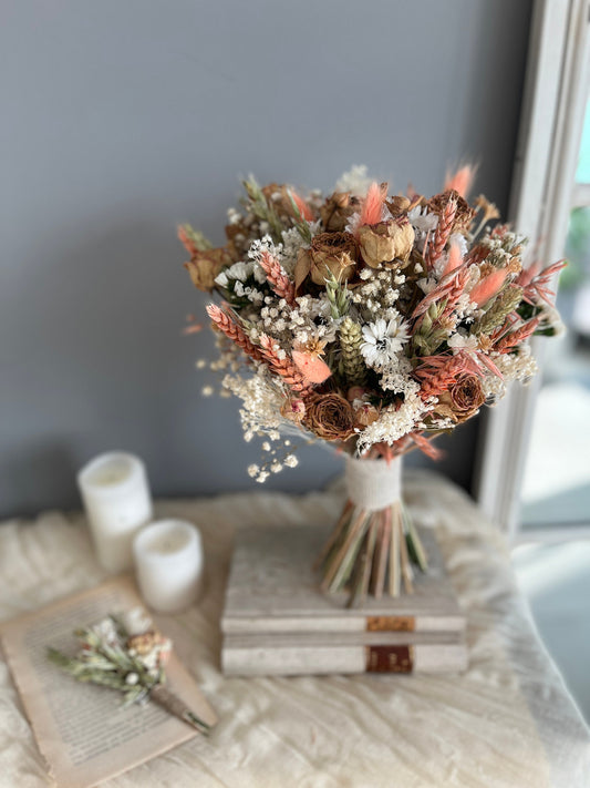 Peachy Rustic Field Wedding Bouquet – Dried Flower Bridal Bouquet