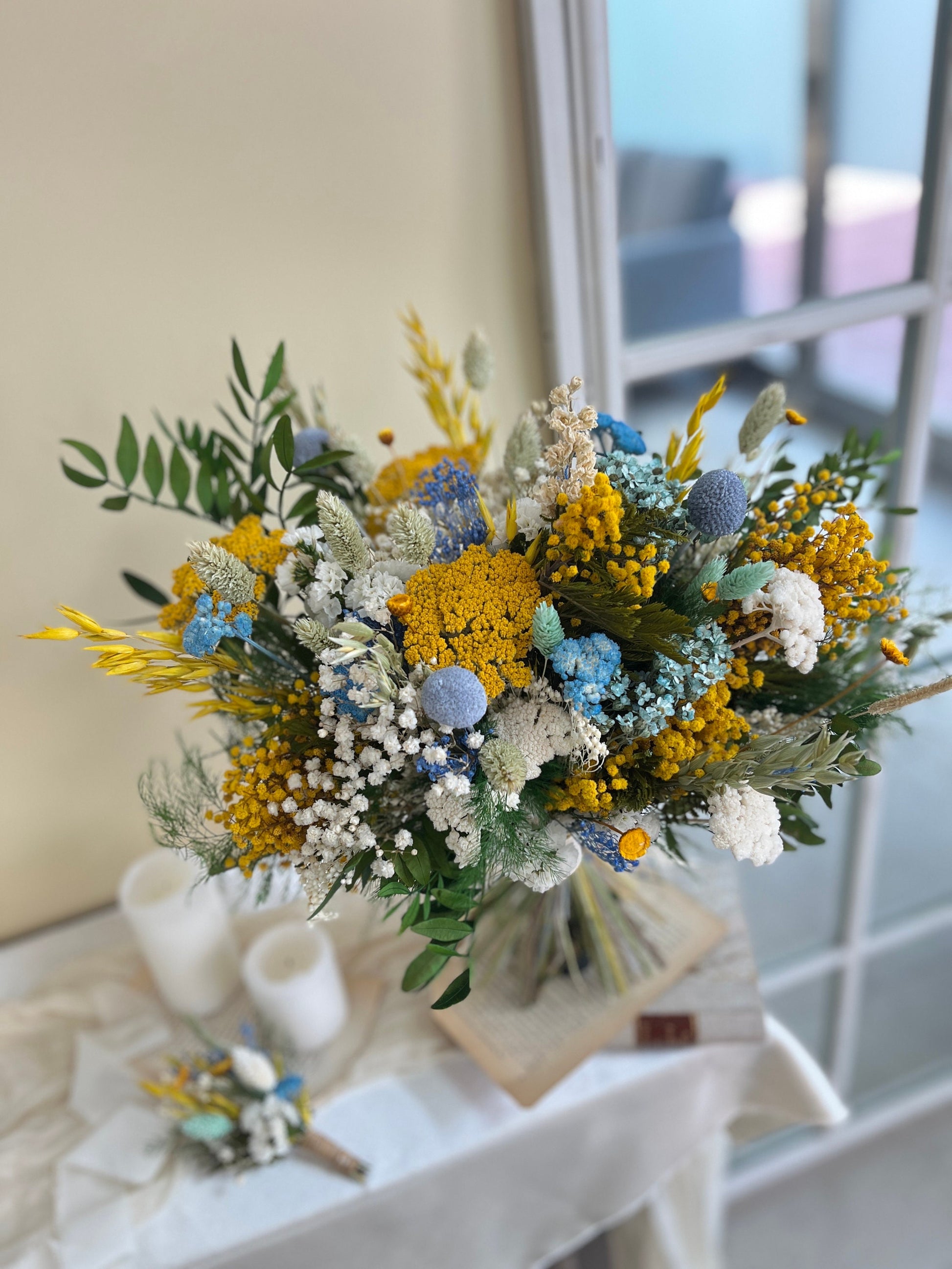Rustic Yellow & Blue Dried Bouquet | Summer Wedding Flowers