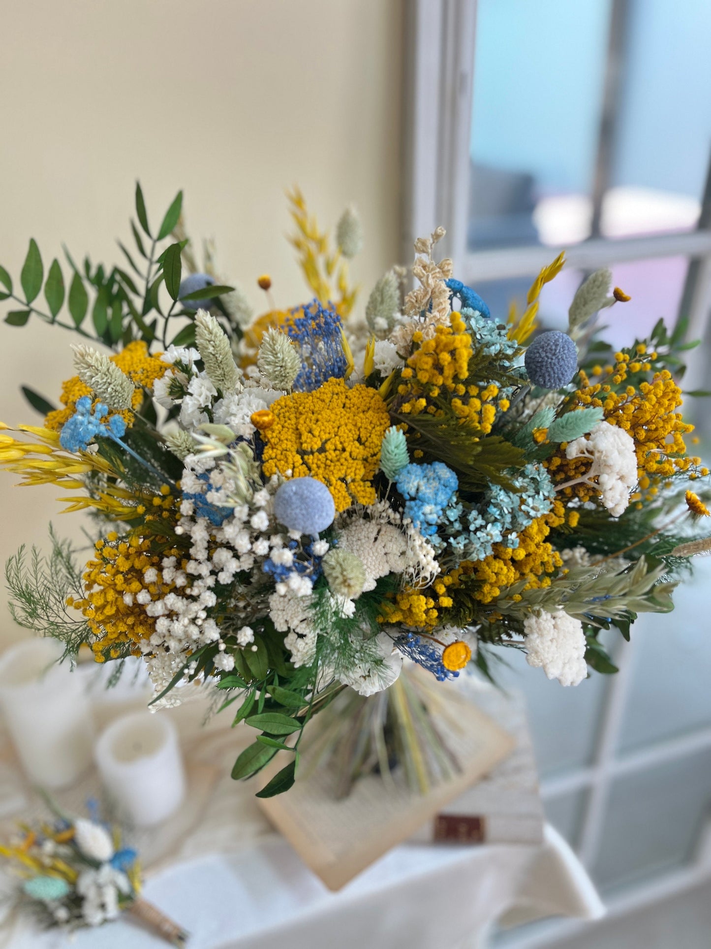 Rustic Yellow & Blue Dried Bouquet | Summer Wedding Flowers
