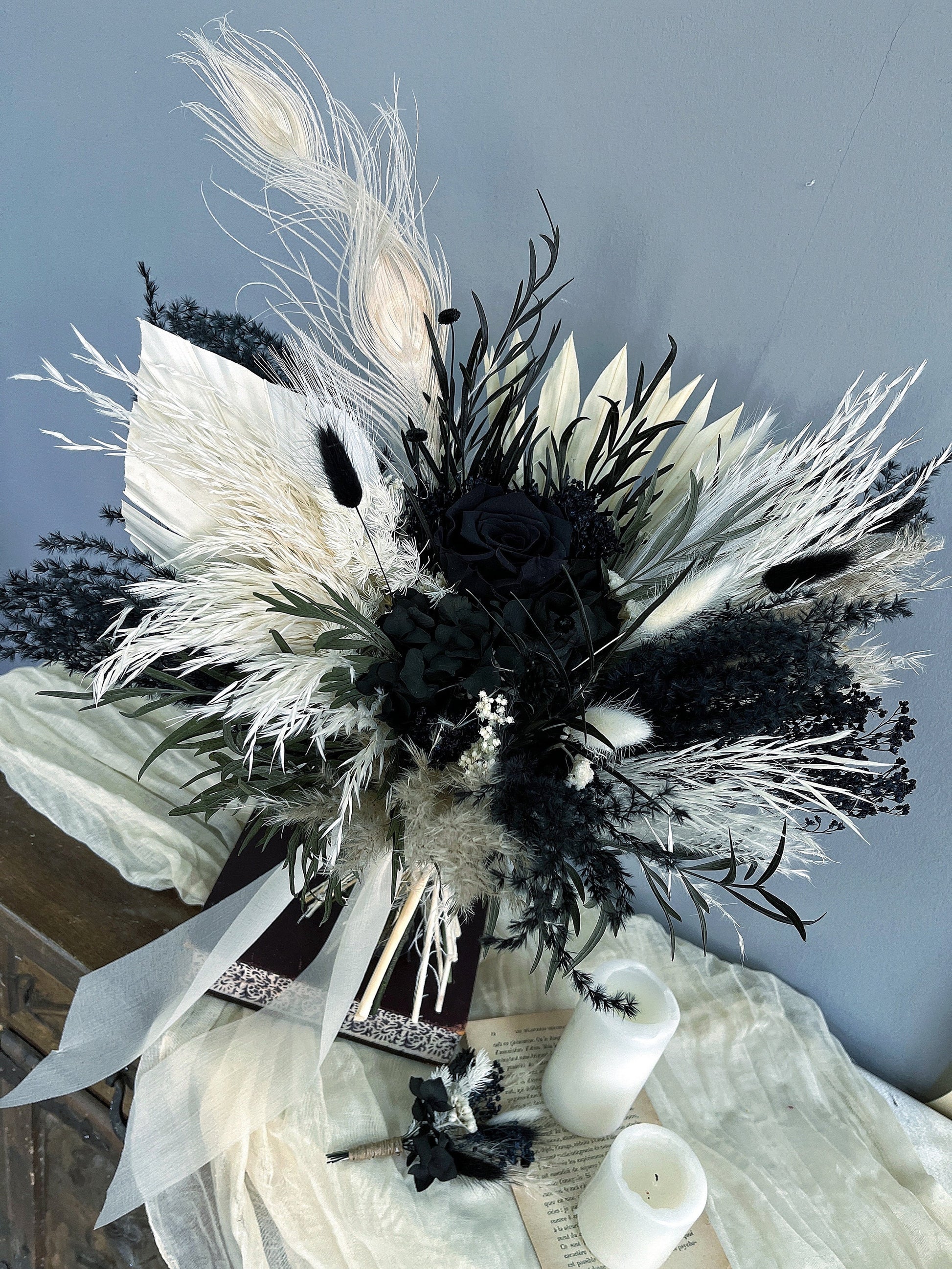 Black & White Wedding Bouquet – Gothic Dried Flower Bridal Bouquet