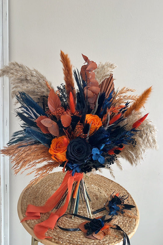 Gothic Halloween Dried Bouquet – Black, Navy & Burnt Orange Fall Wedding Flowers