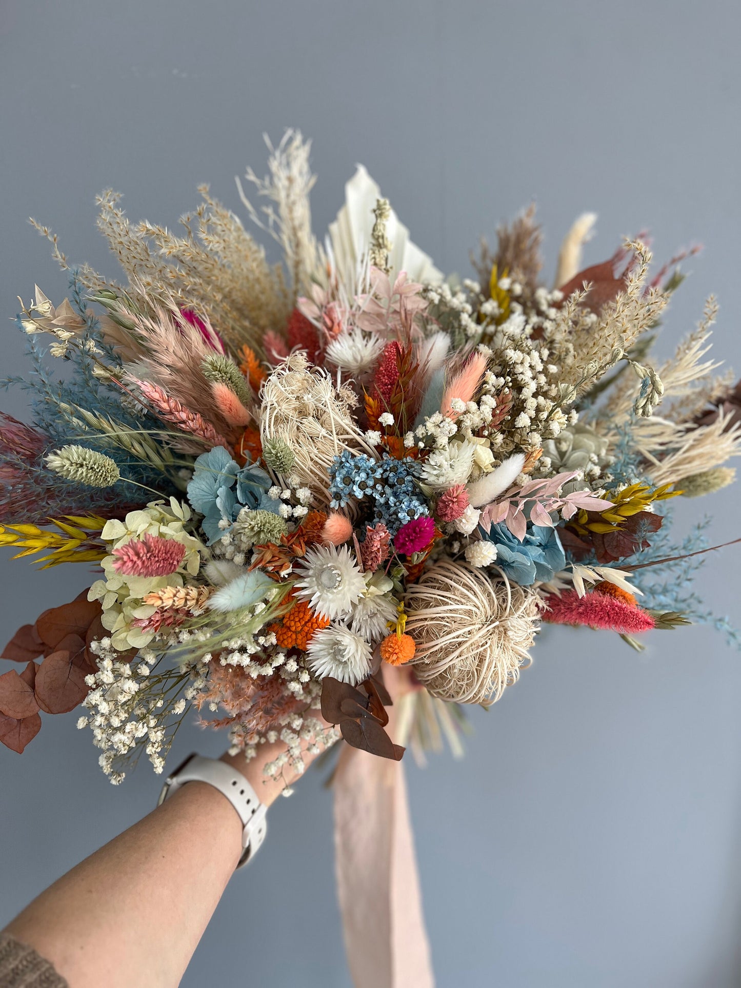 Boho Rustic Rainbow Bouquet, Colorful Bridal Bouquet, Summer Wedding Bouquet, Rust Blue Bouquet, Dried Bridal Bouquet,Spring Wedding Bouquet