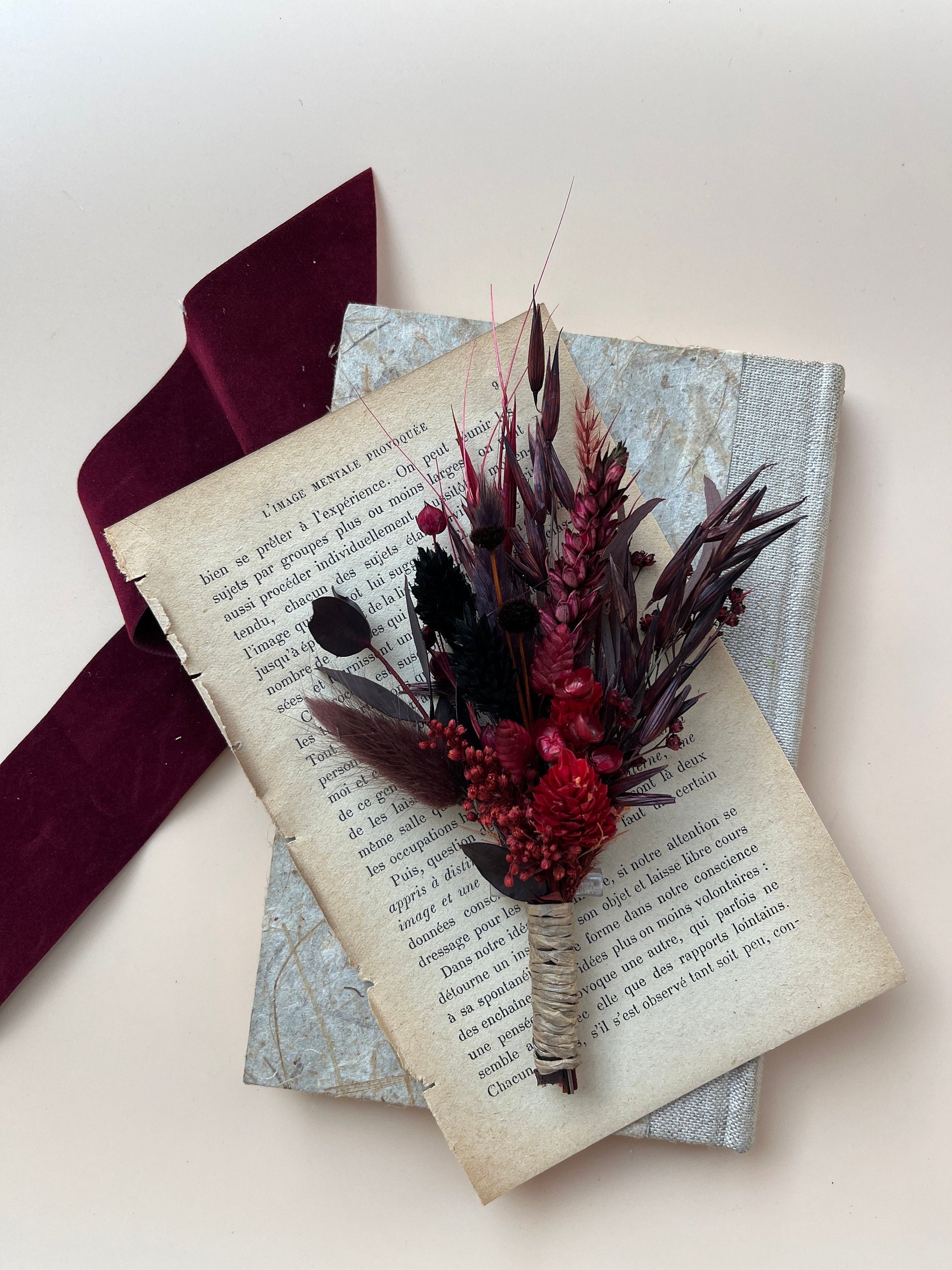 Black & Burgundy Dried Flower Cascade Bridal Bouquet - Boho Gothic Wedding