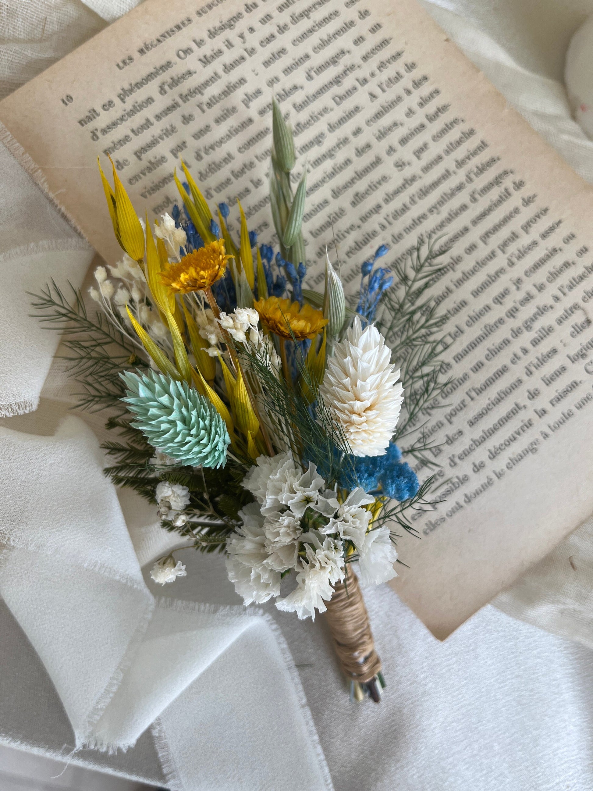 Rustic Yellow & Blue Dried Bouquet | Summer Wedding Flowers