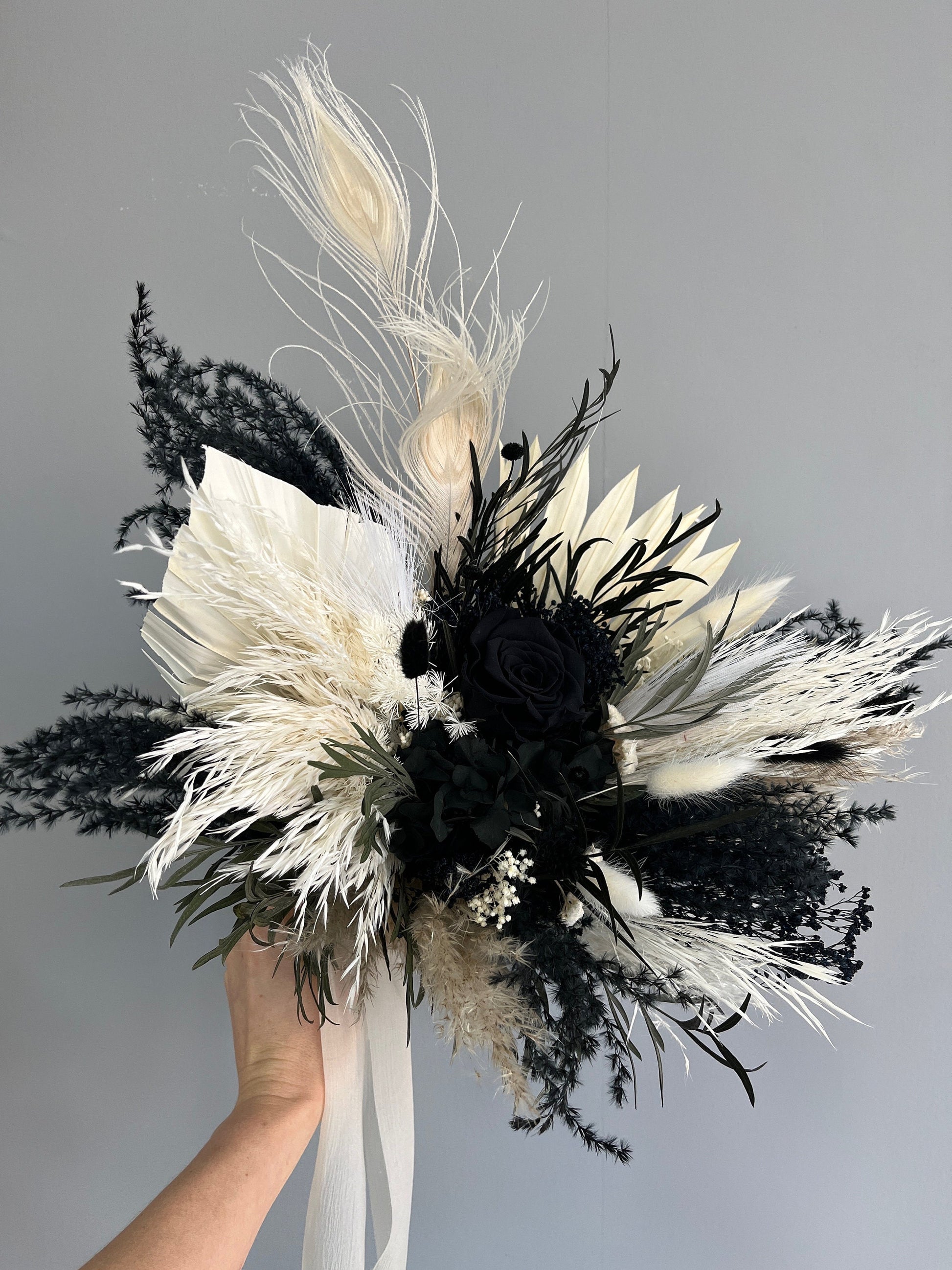 Black & White Wedding Bouquet – Gothic Dried Flower Bridal Bouquet
