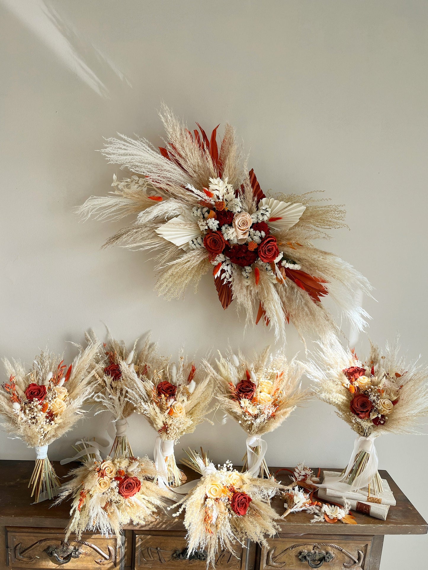 Terracotta and Orange Boho Pampas Dried Flower Bridal Bouquet – Wedding Flowers