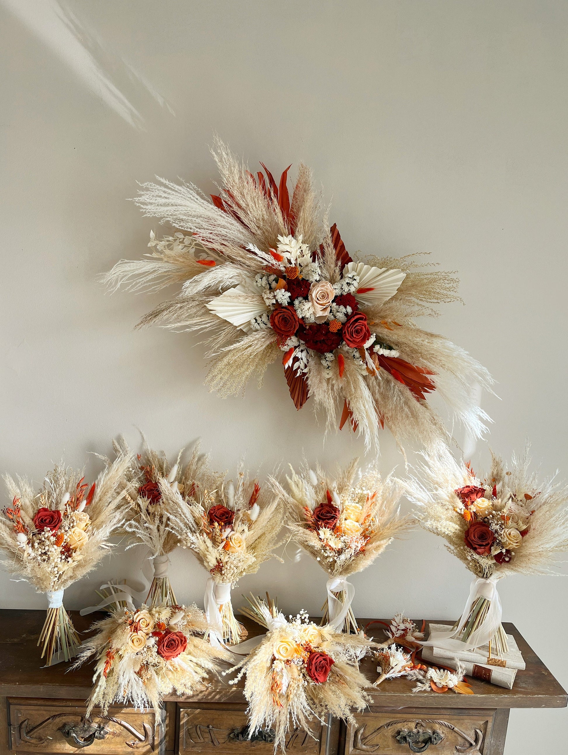 Terracotta and Orange Boho Pampas Dried Flower Bridal Bouquet – Wedding Flowers