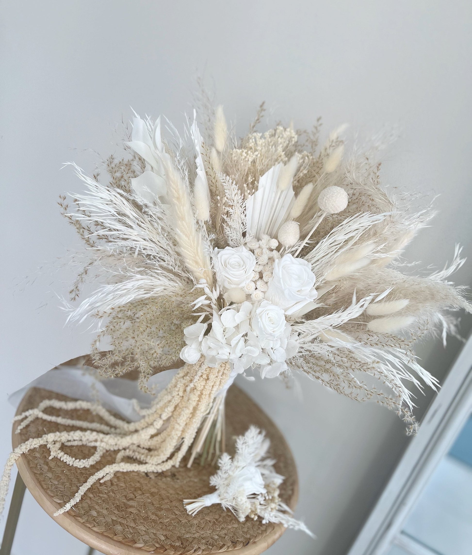 White Roses and Pampas Bridal Bouquet – Bohemian Cascading Wedding Flowers