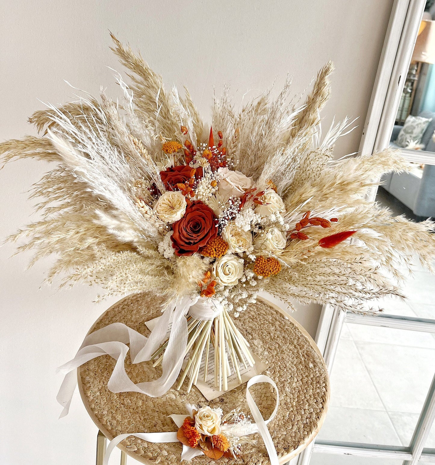 Terracotta and Orange Boho Pampas Dried Flower Bridal Bouquet – Wedding Flowers