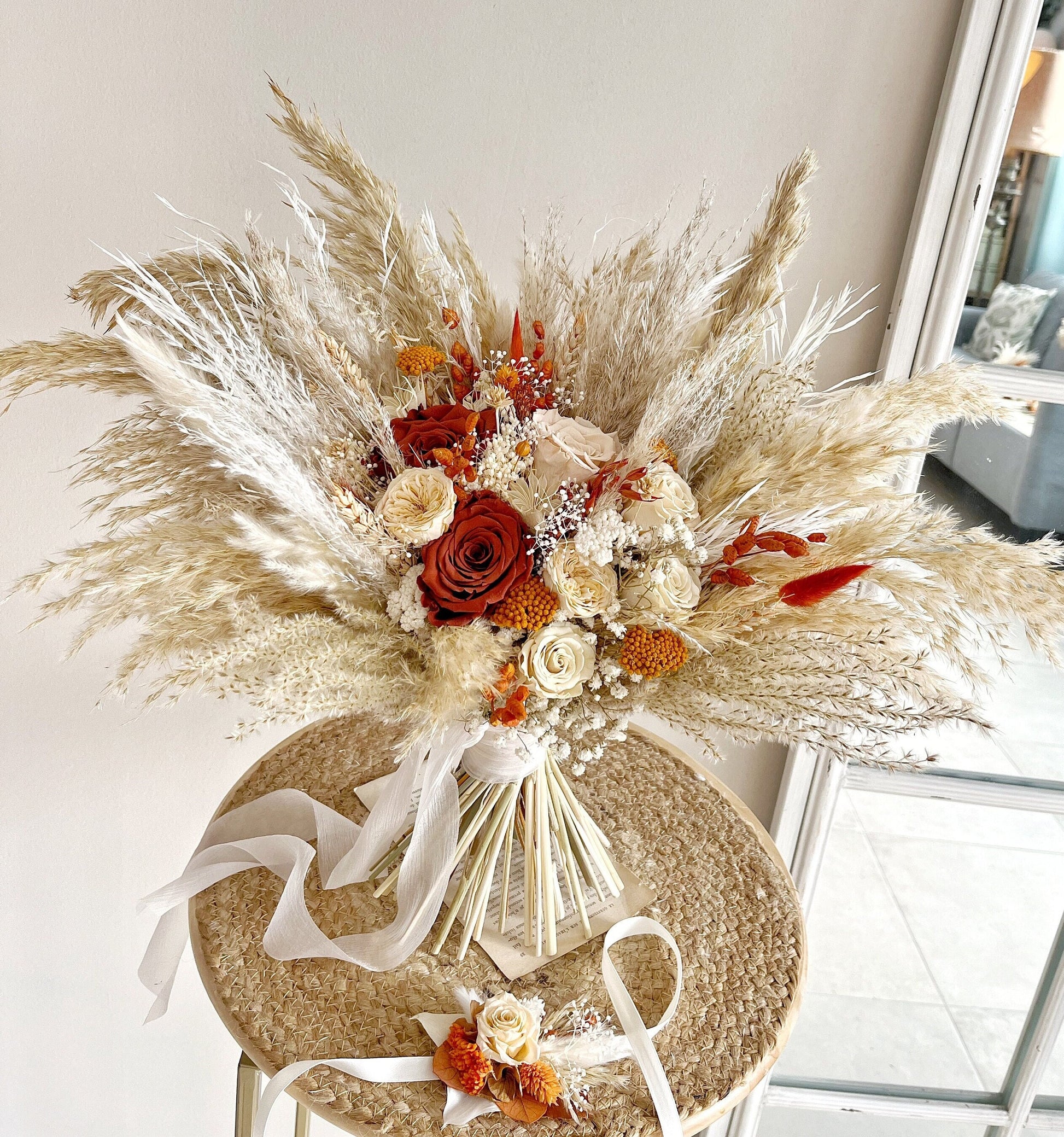 Terracotta and Orange Boho Pampas Dried Flower Bridal Bouquet – Wedding Flowers